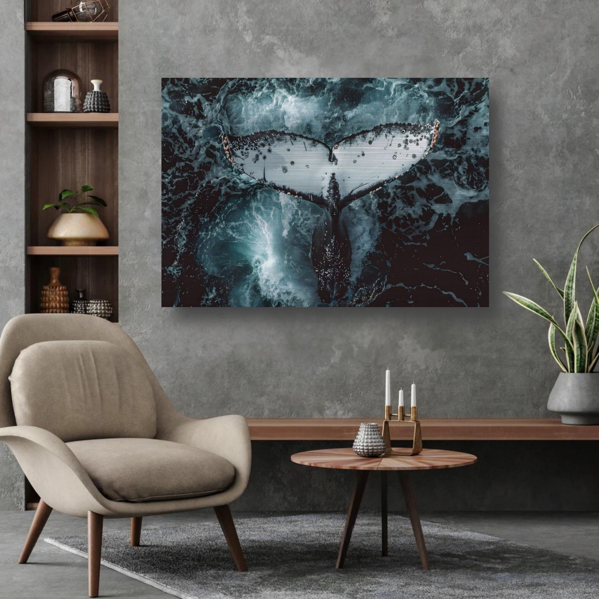 Humpback Whale Brushed Metal Print showcasing a whale tail against ocean waves in a modern living room.