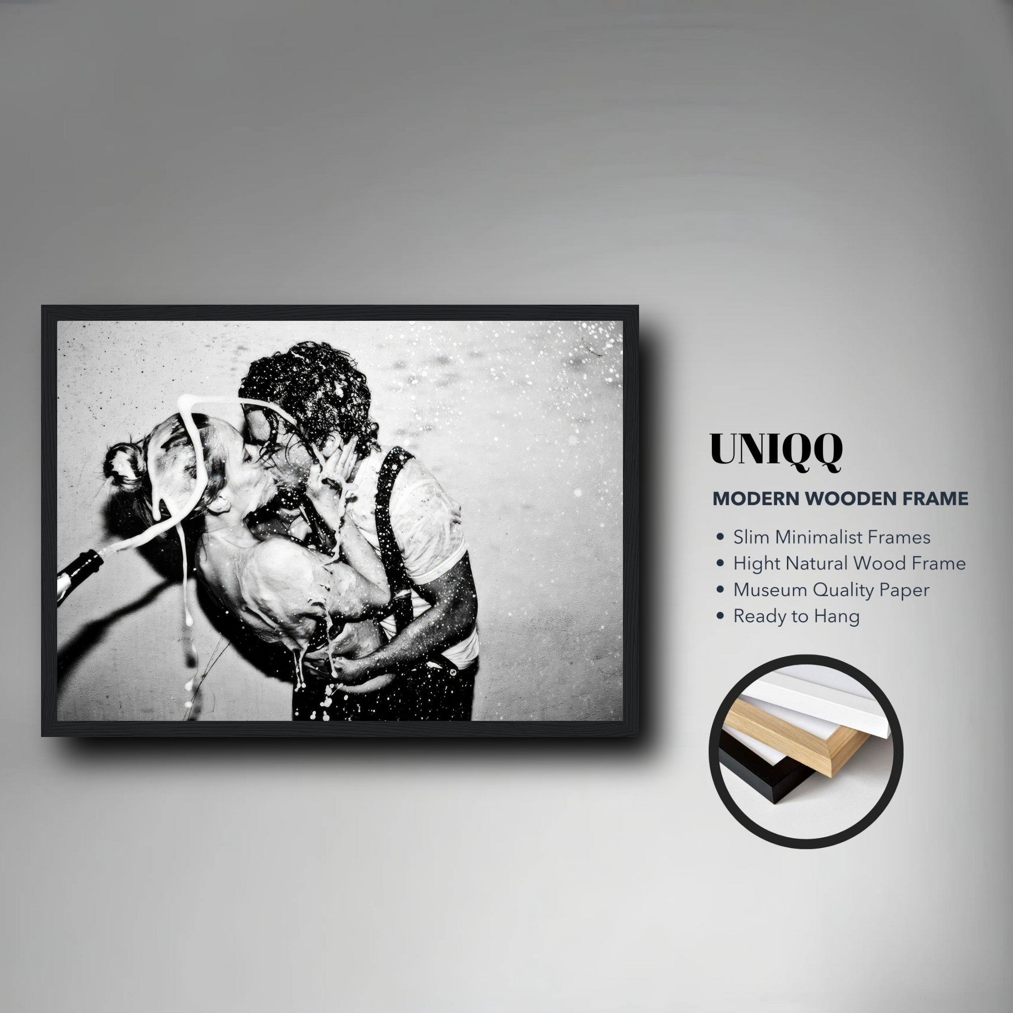 The Champagne Kiss framed print capturing Johnny Depp and Kate Moss in a passionate moment with champagne.