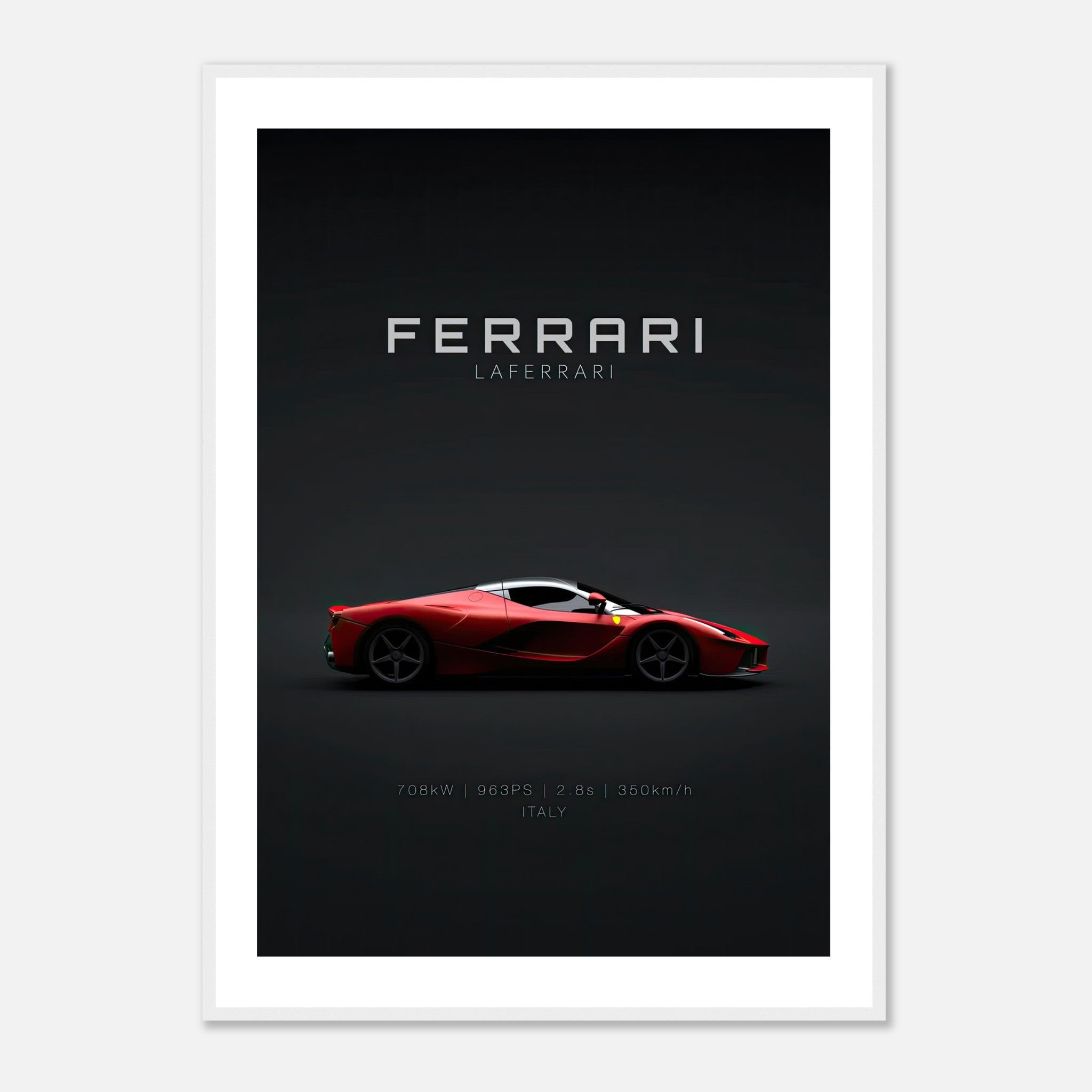Ferrari Laferrari framed poster showcasing the iconic hypercar in red against a dark background.