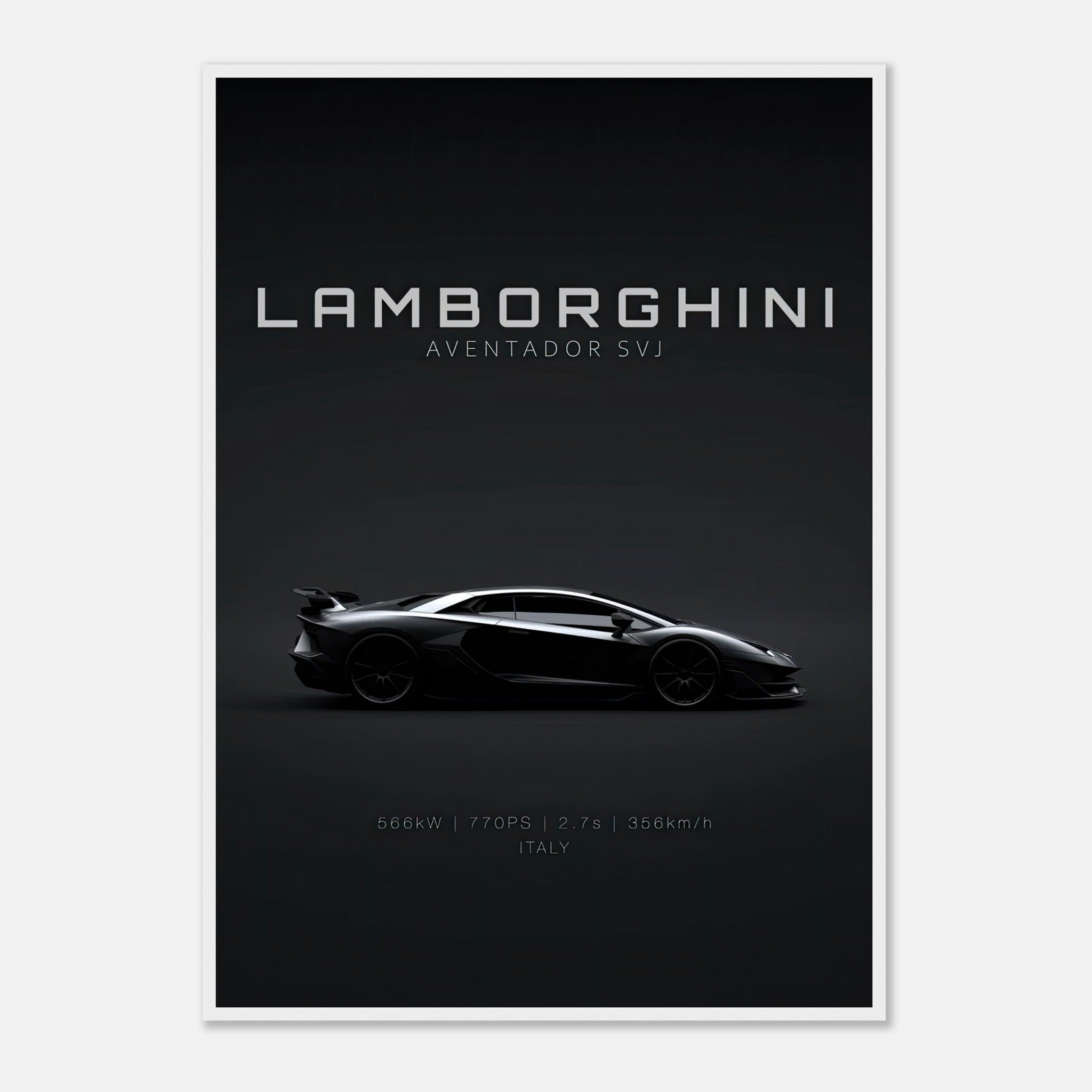 Lamborghini Aventador SVJ framed poster showcasing its sleek design and powerful specs.