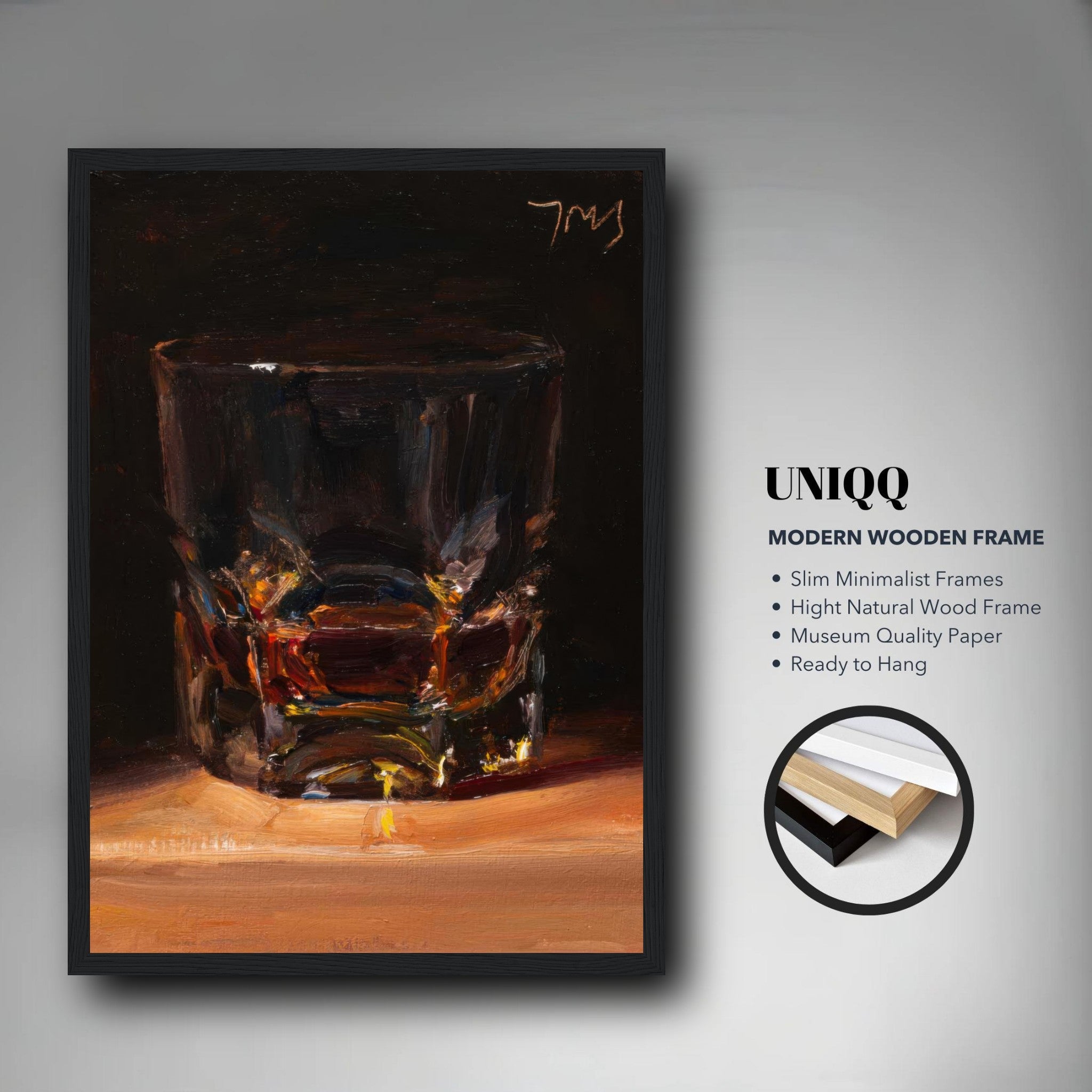 Whiskey framed print showcasing a glass with amber liquid, perfect for home bars and upscale decor.