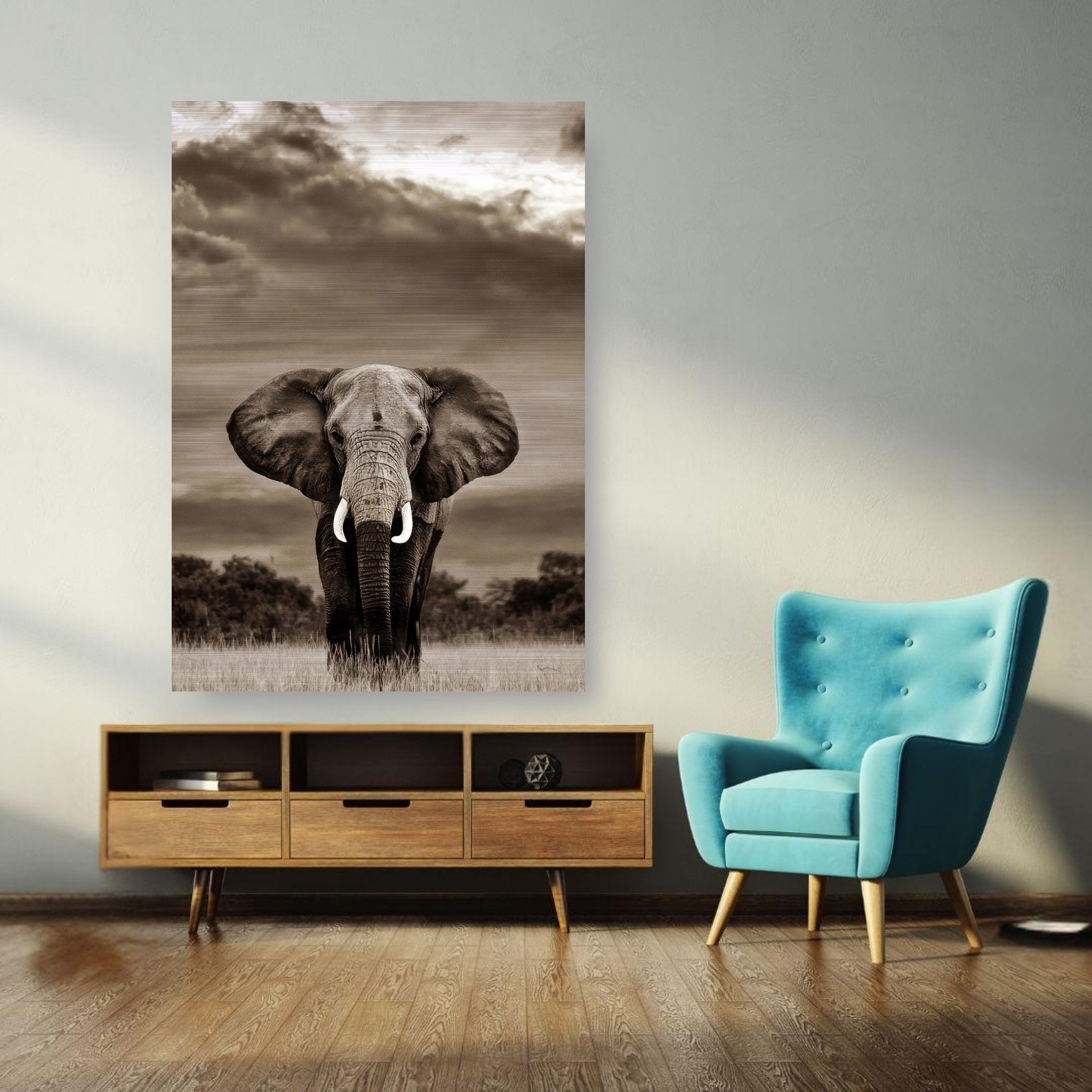 Stunning elephant portrait photography on brushed metal, showcased in a modern living room setting.