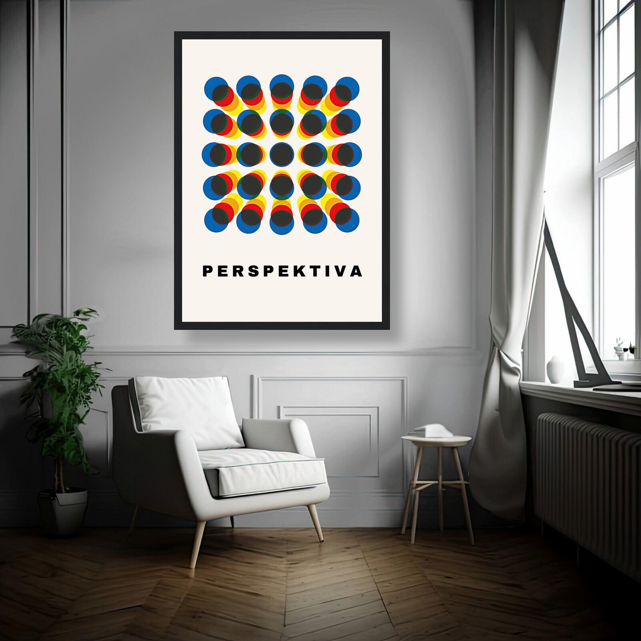 Framed Perspective Abstract Art print featuring geometric patterns in blue, red, and yellow, displayed in a modern living room.