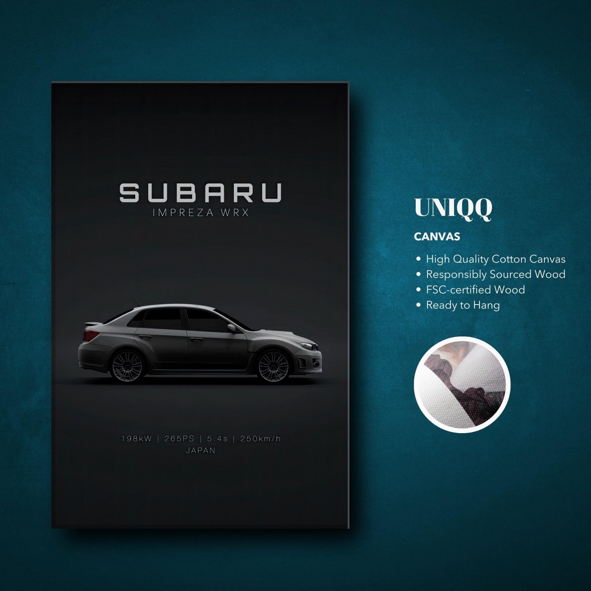 Subaru WRX canvas wall art featuring sleek design and dynamic details on a modern black background.