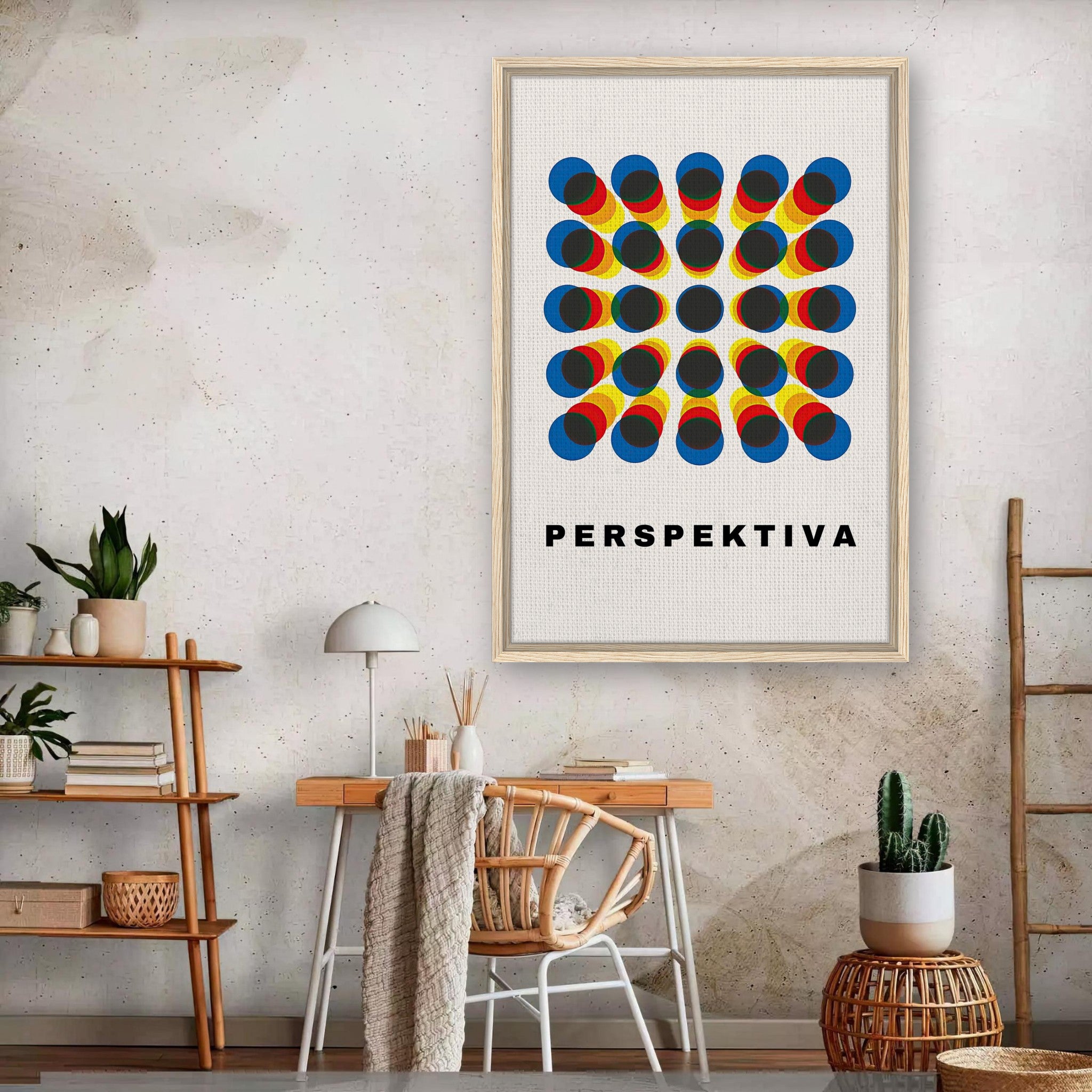 Perspective Abstract Art Framed Canvas Print with geometric pattern in blue, yellow, and red hues, enhancing room decor.