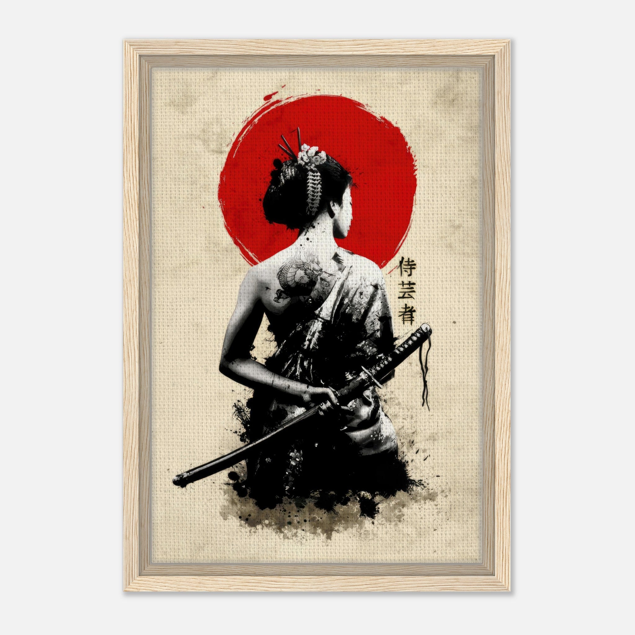 The Samurai Geisha framed canvas art featuring a geisha with a katana against a bold red sun background.