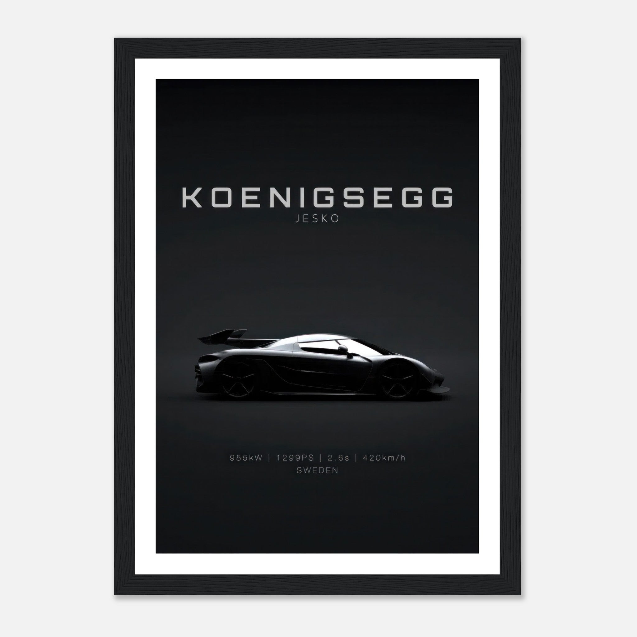 Koenigsegg Jesko framed poster showcasing sleek design on a black background, ideal for car enthusiasts.