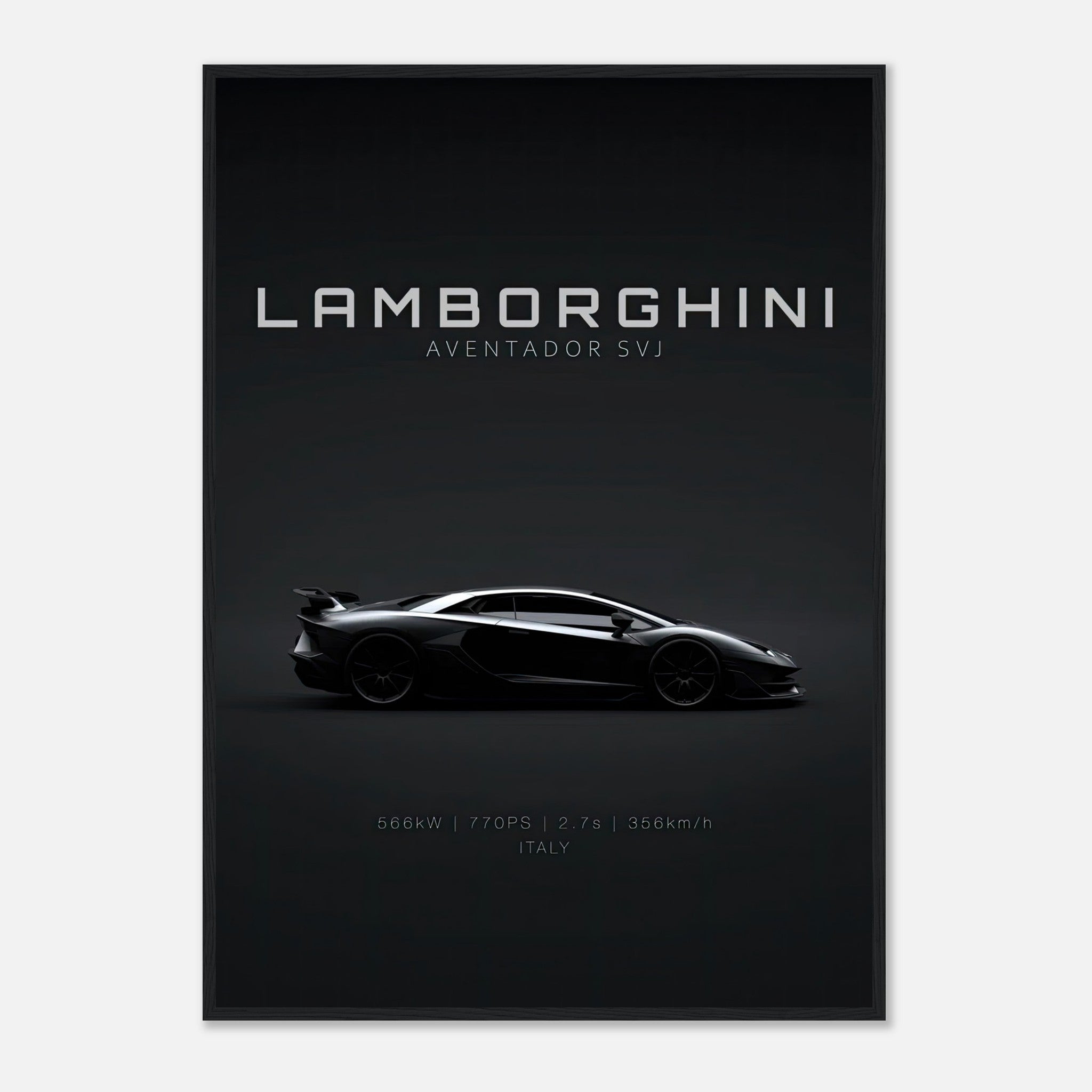 Lamborghini Aventador SVJ framed poster showcasing sleek silhouette and premium design.