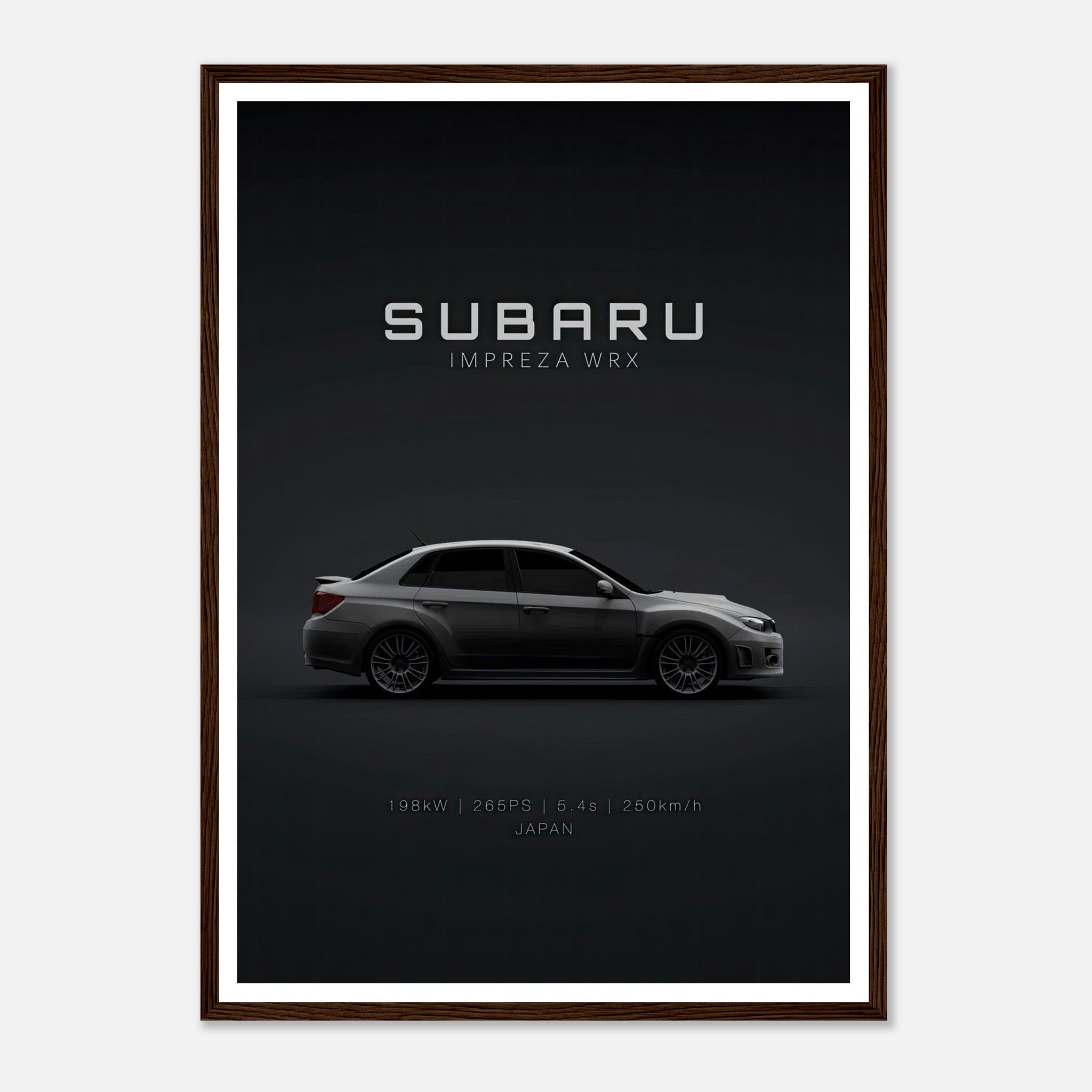 Subaru Impreza WRX framed poster featuring sleek design and performance details on a dark background.