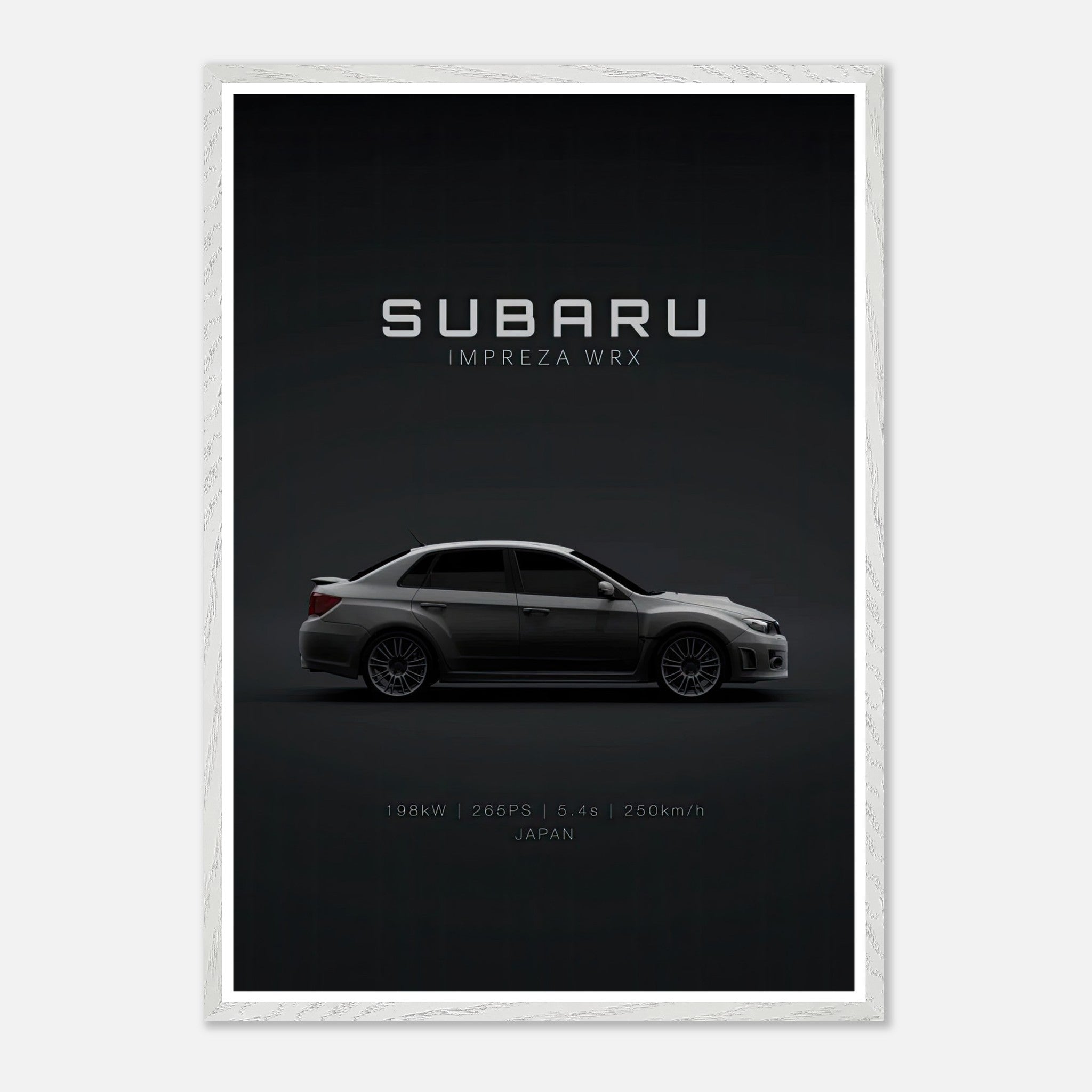 Subaru WRX vintage framed art showcasing the iconic car's sleek profile on a minimalist backdrop.