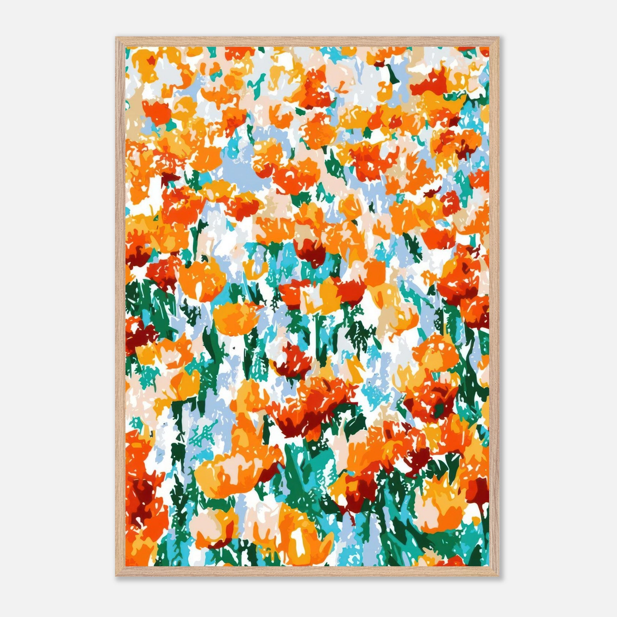 Abstract floral tulip garden print in vibrant orange and yellow hues framed in wood.