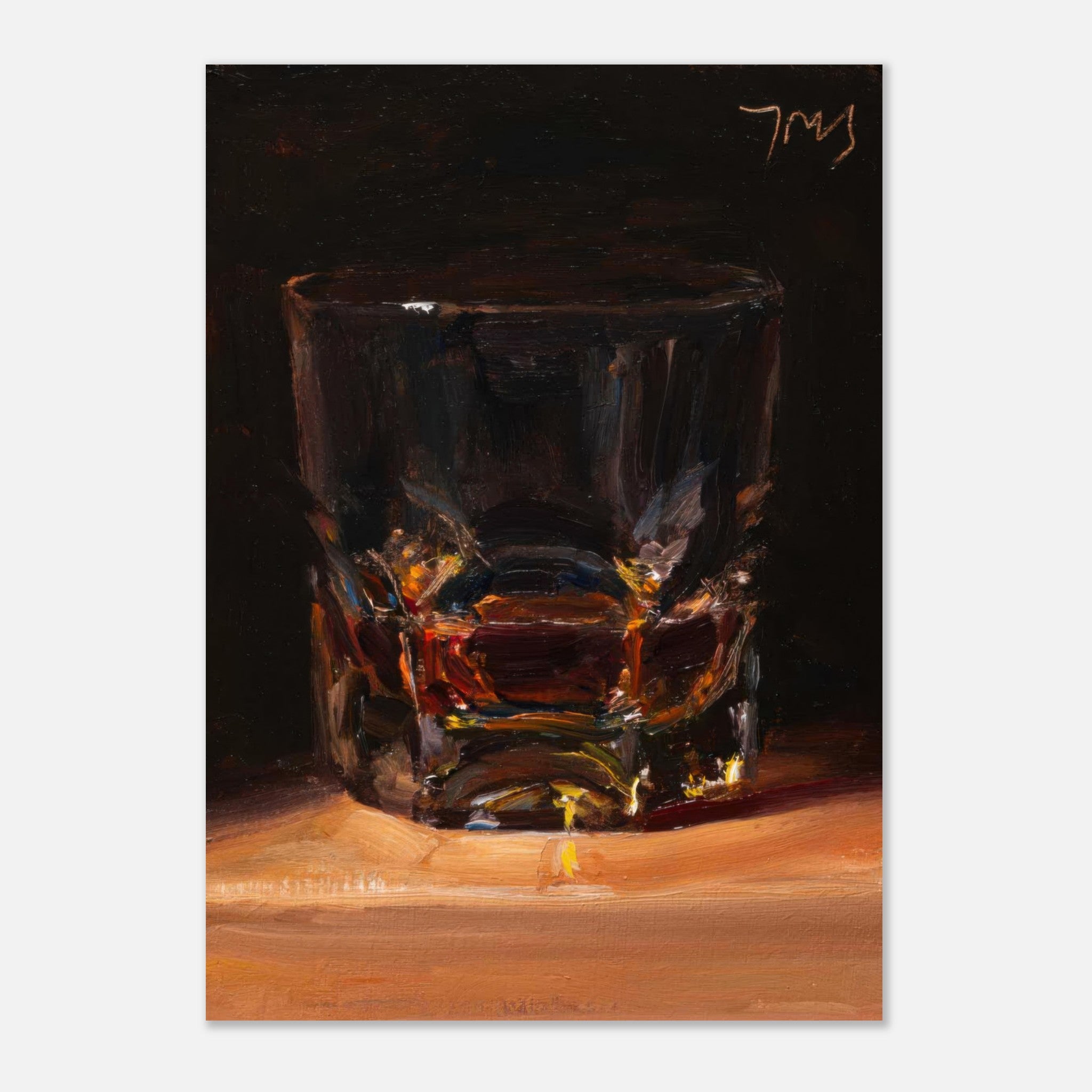 Whiskey poster featuring a glass filled with amber whiskey, showcasing textured brushstrokes for a sophisticated décor.