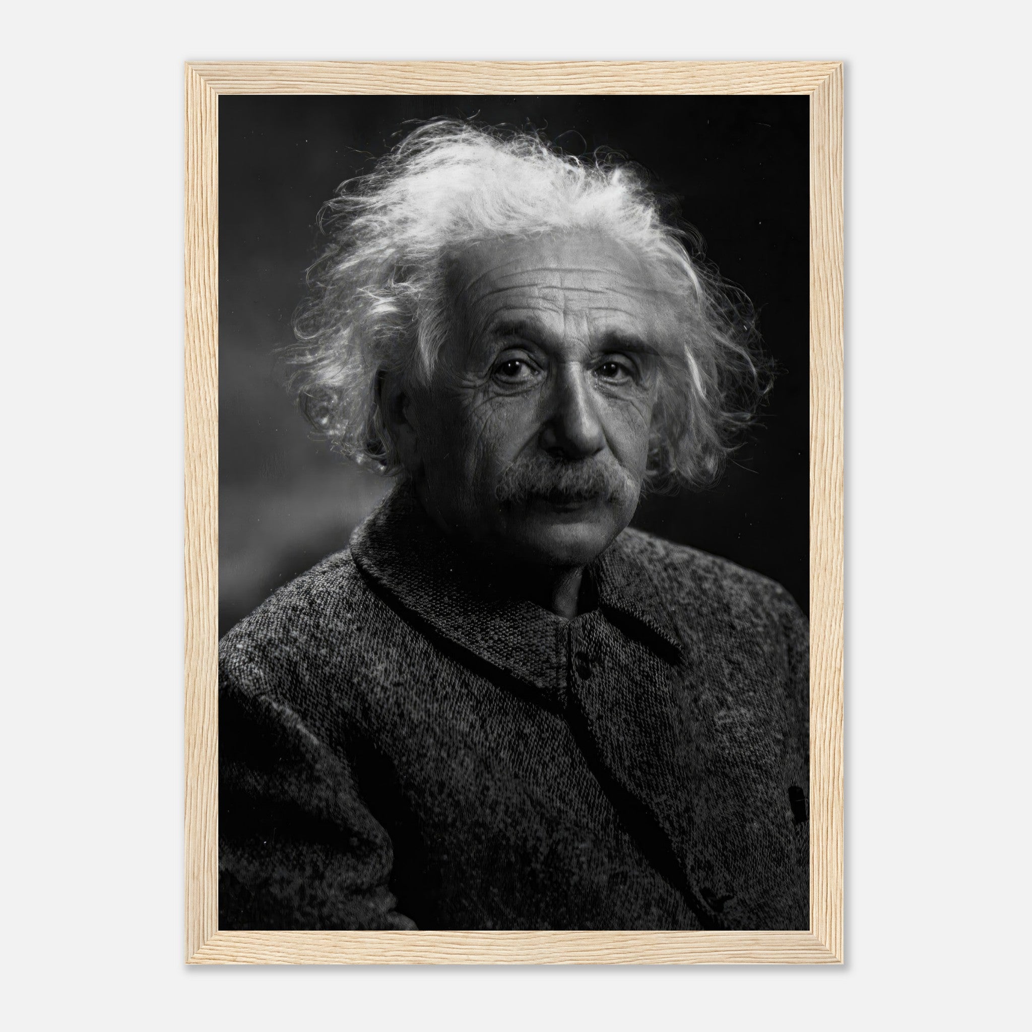 Framed black-and-white portrait of Albert Einstein, capturing his thoughtful expression and iconic style.