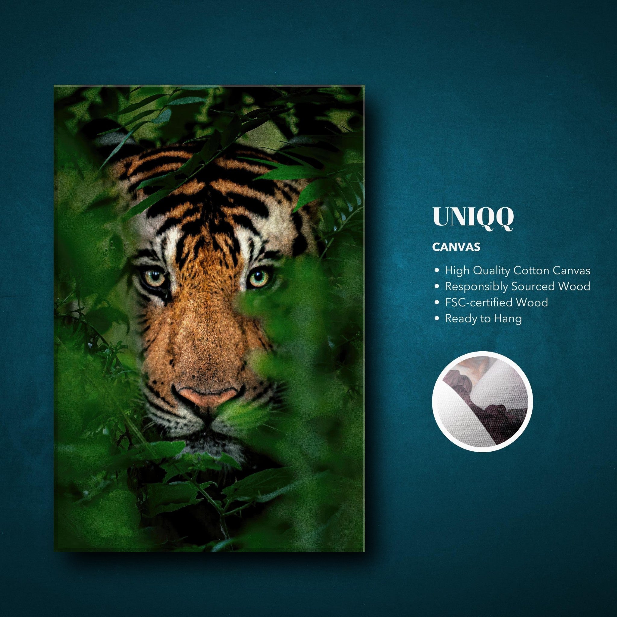 Majestic tiger peering through jungle foliage on high-quality canvas, ready to hang, perfect for home decor.