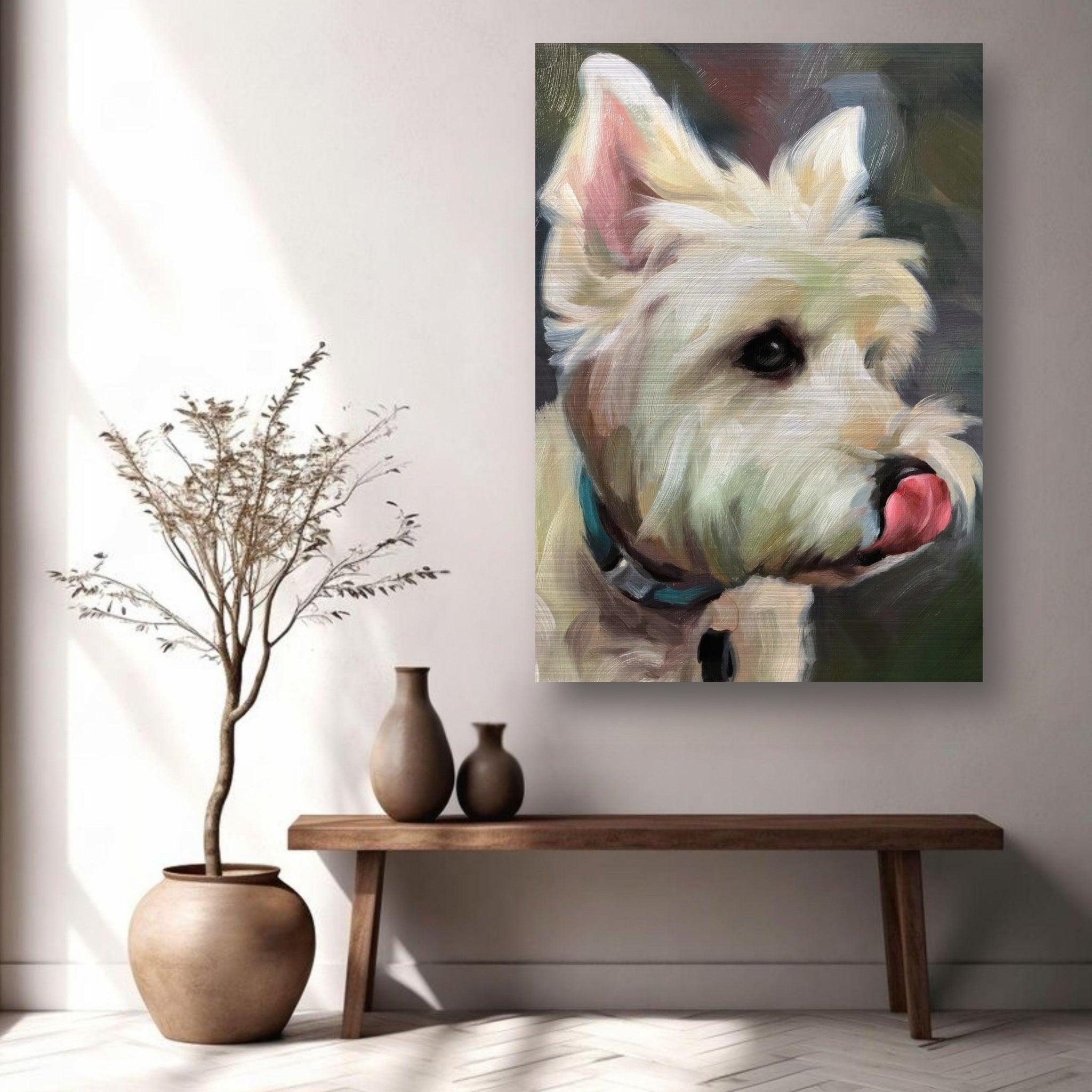 Westie dog painting on brushed metal, vibrant colors depicting a playful West Highland White Terrier.