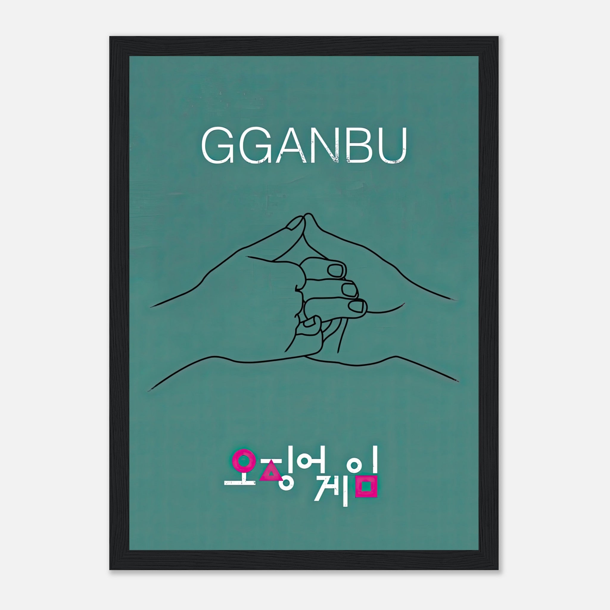 GGANBU Squid Game framed print featuring iconic handshake design on teal background.