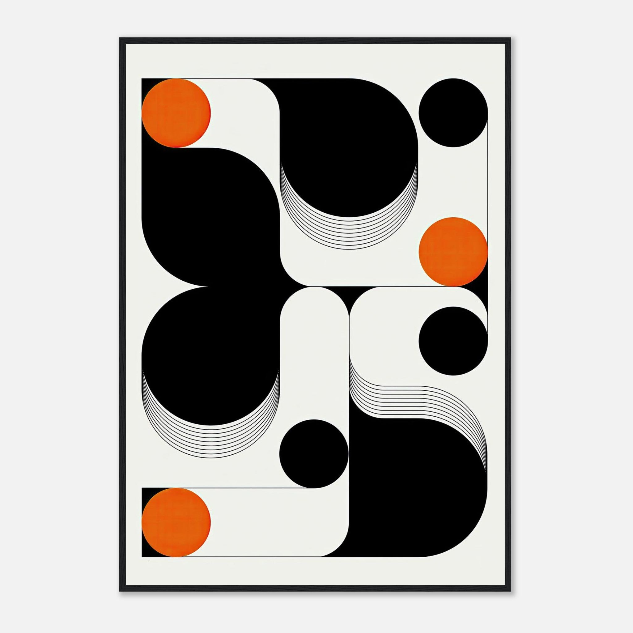 Modern geometric abstract art framed print in black, white, and vibrant orange, perfect for contemporary decor.