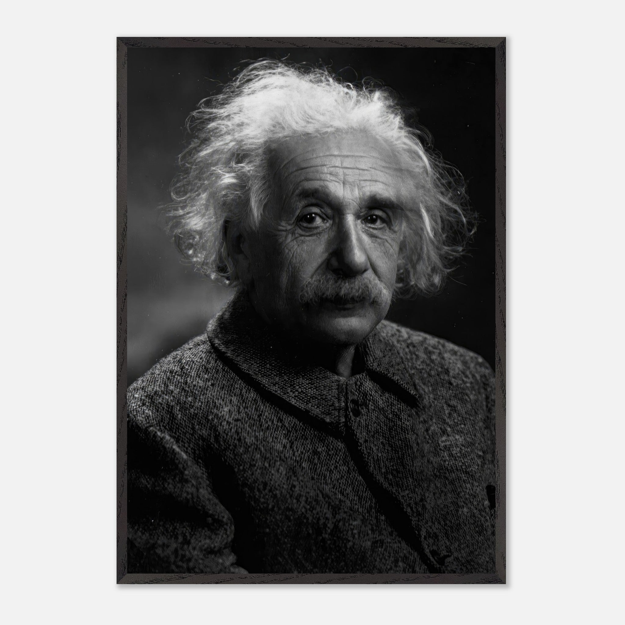 Vintage framed portrait of Albert Einstein, showcasing his wisdom and intellect in black-and-white.