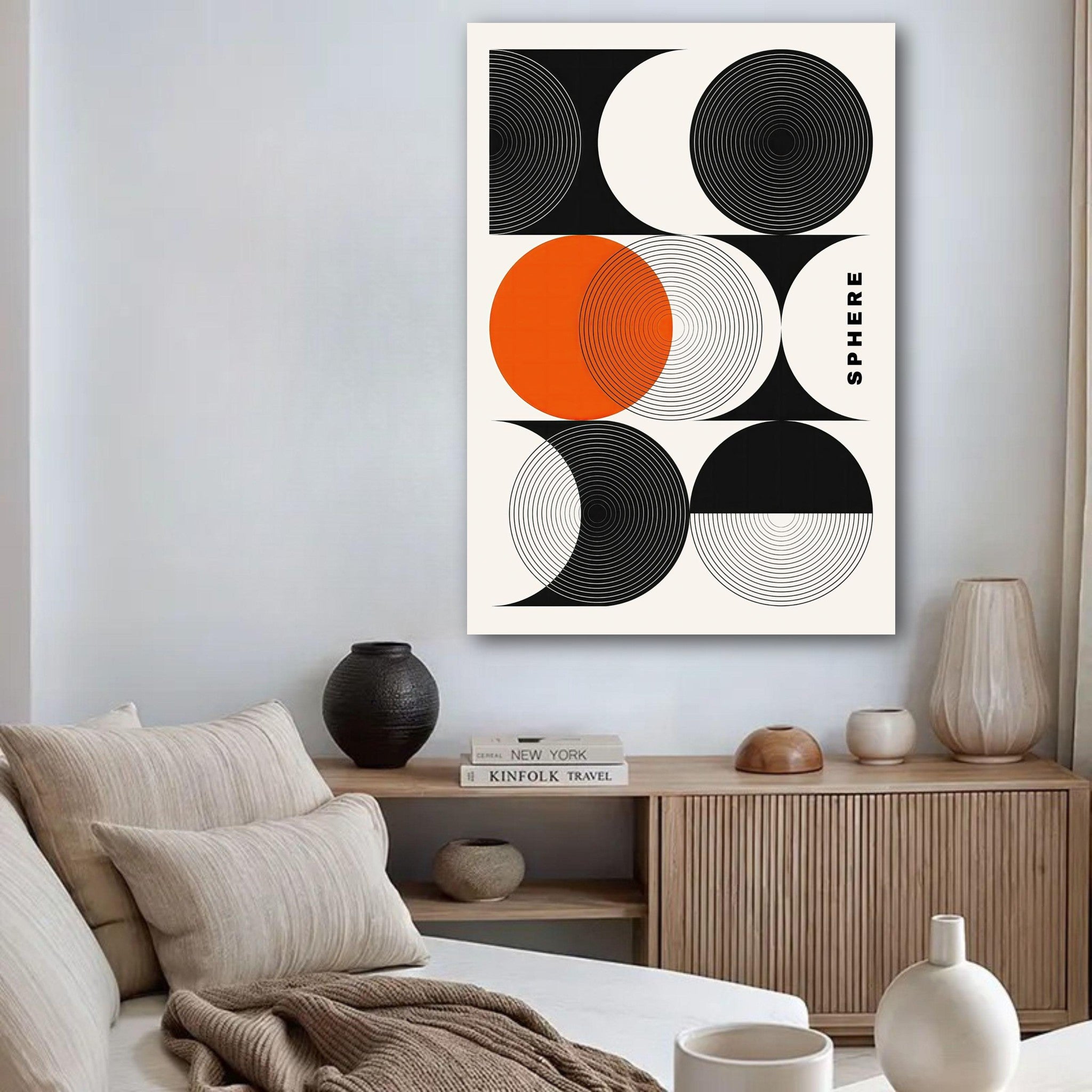 Abstract geometric sphere art poster in living room featuring bold black, white, and orange circular patterns.