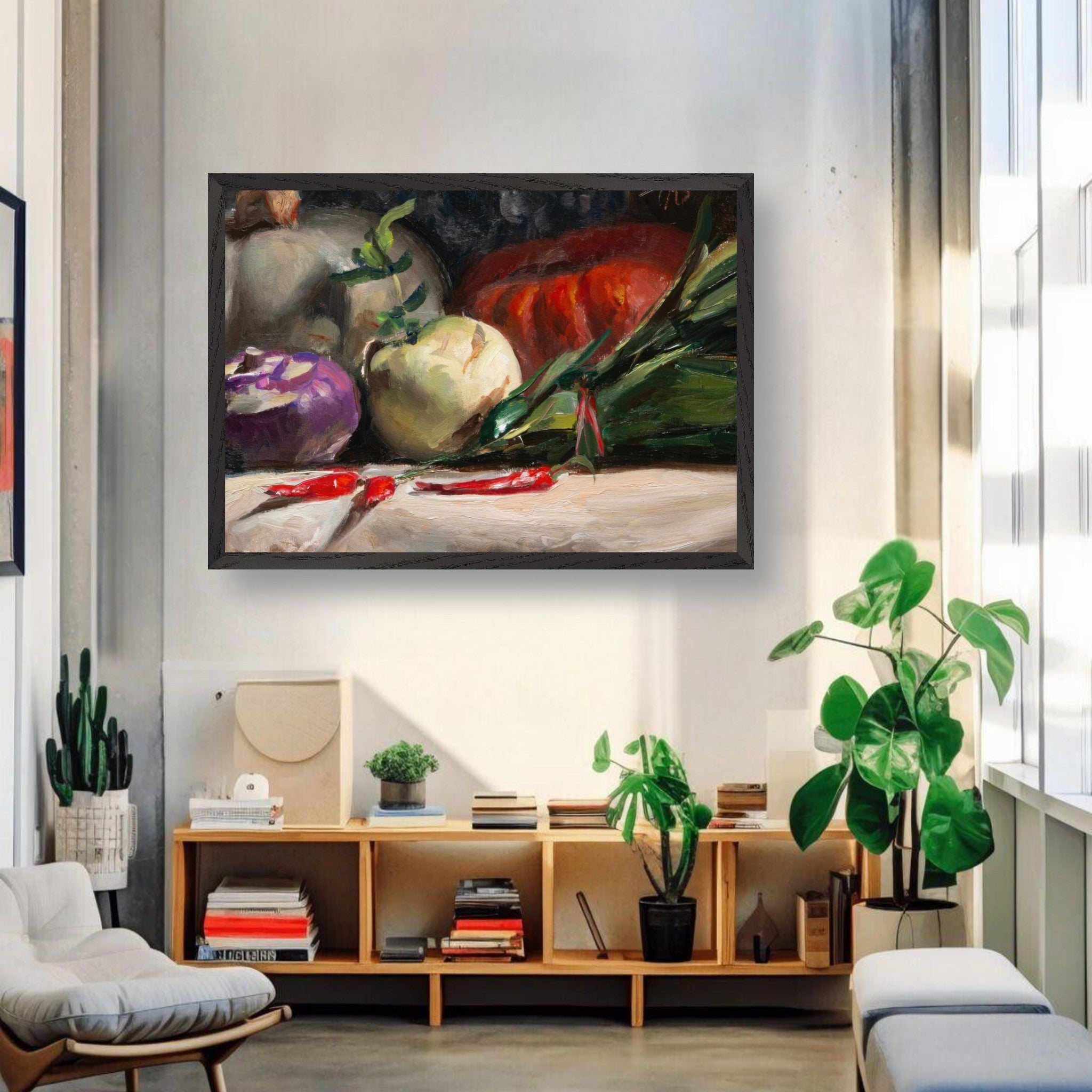 Vintage framed art featuring kohlrabi, pumpkins, and chilis in a cozy kitchen setting.