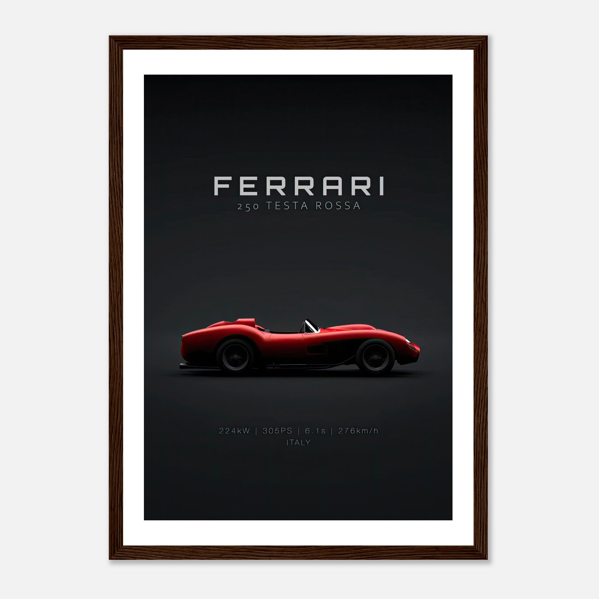 Ferrari 250 Testa Rossa framed poster showcasing sleek design on a minimalist black background.