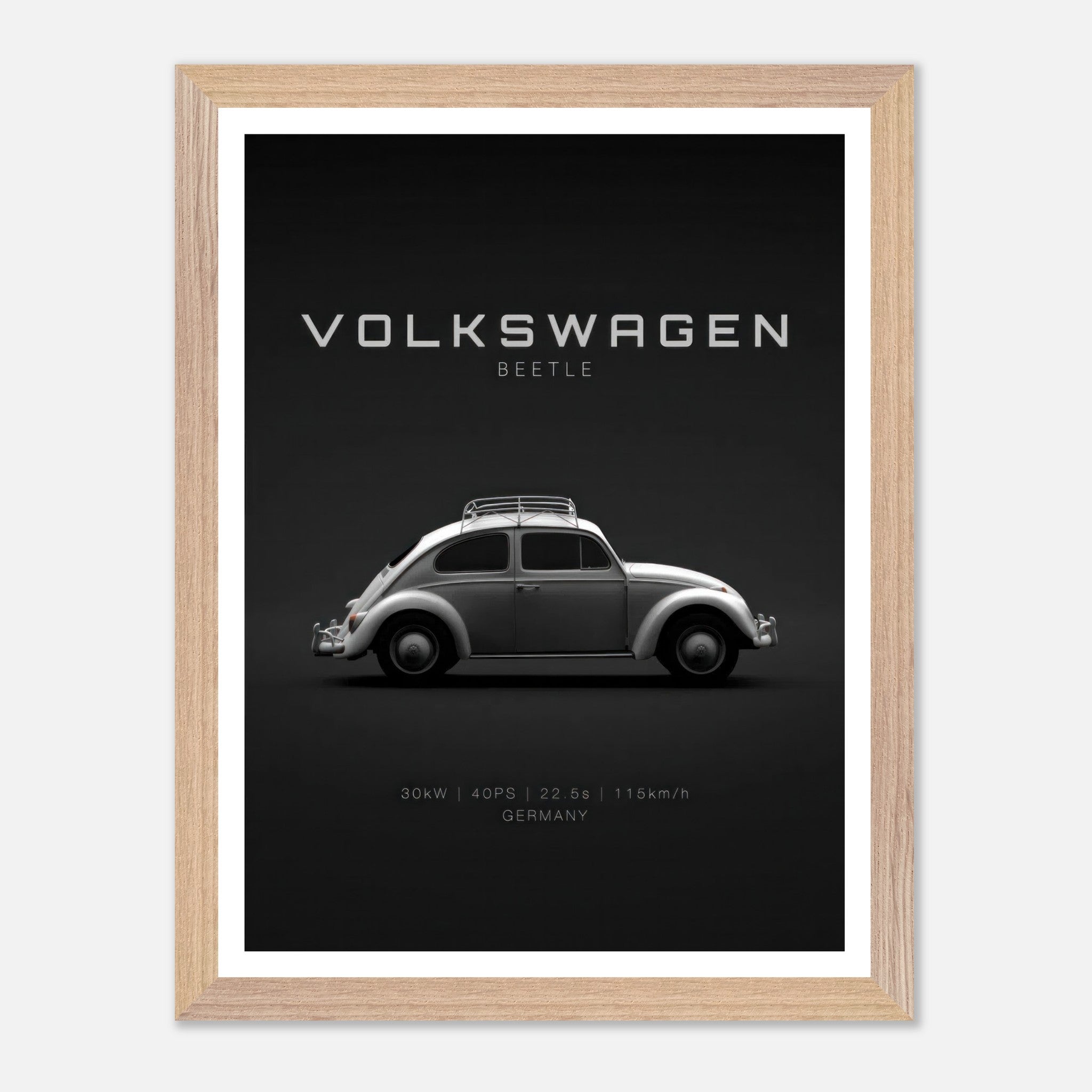 Volkswagen Beetle vintage framed art print, showcasing the classic car's profile on a minimalist black background.
