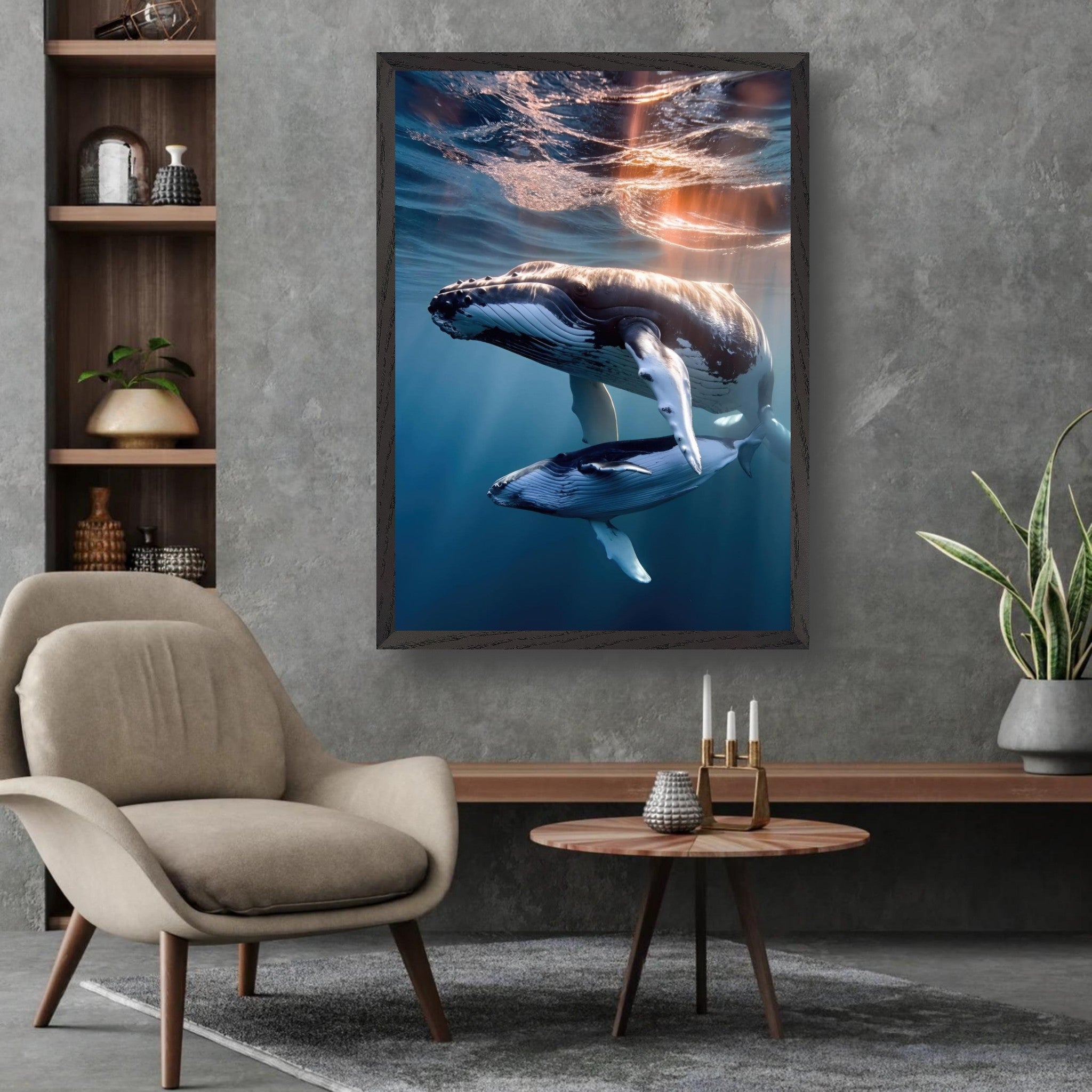 Underwater photography of humpback whale and calf, fine art print showcasing ocean's beauty.