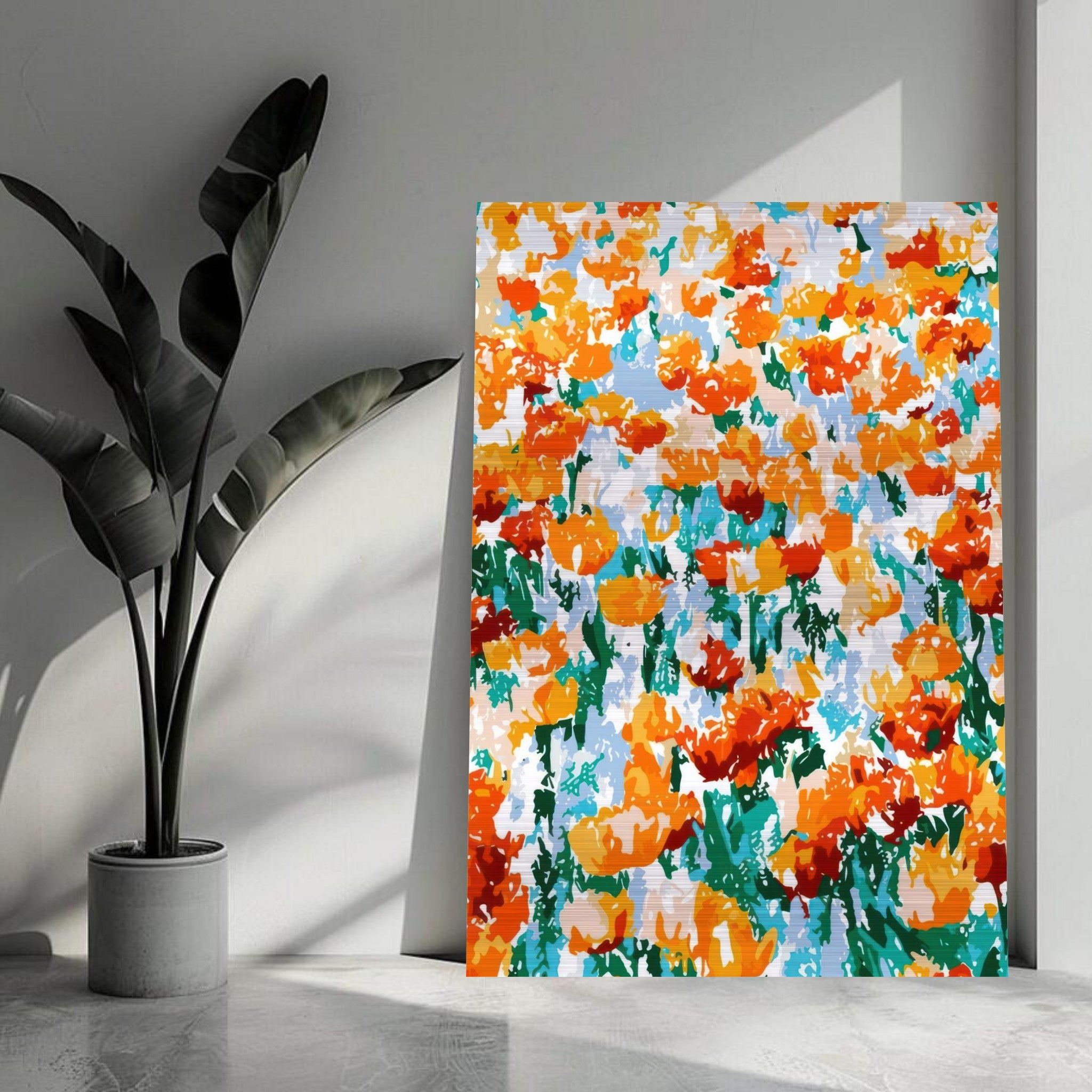 Vibrant abstract floral tulip garden artwork in orange and red on brushed metal, enhancing natural beauty in modern decor.