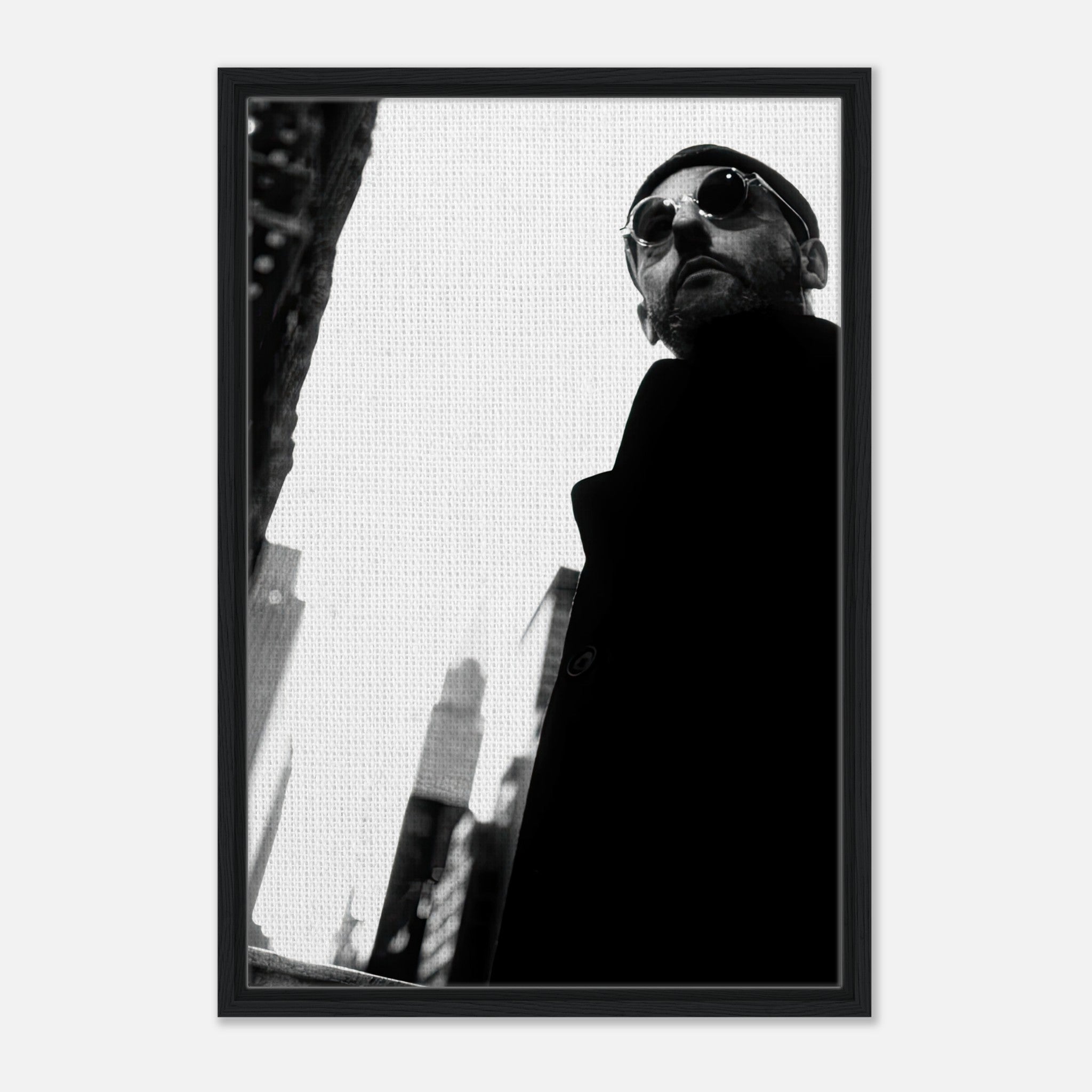 Leon Photography - Jean Reno framed canvas print in black and white, showcasing a cinematic and sophisticated artwork.