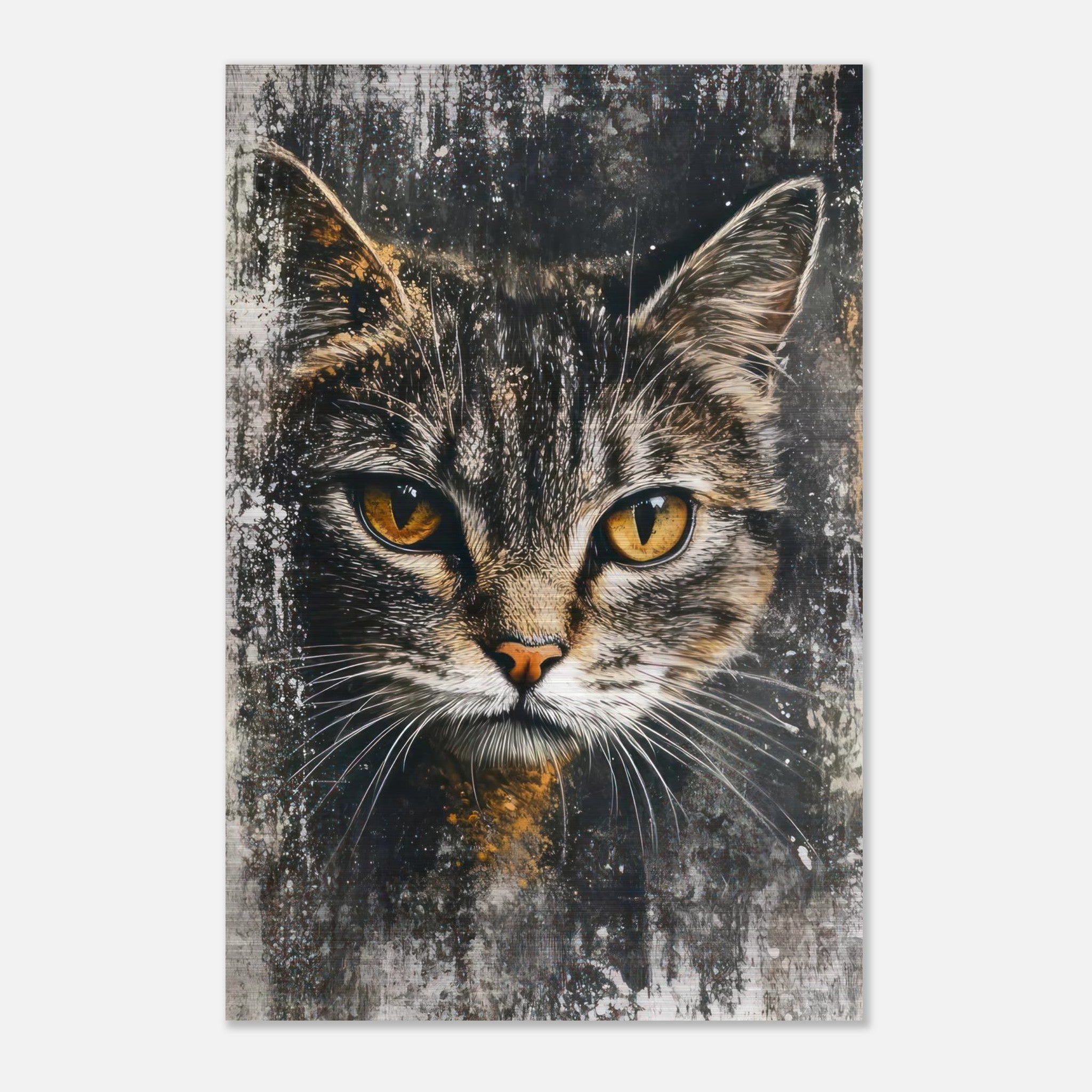 Cat painting artwork on brushed metal featuring a detailed feline face with striking golden eyes.