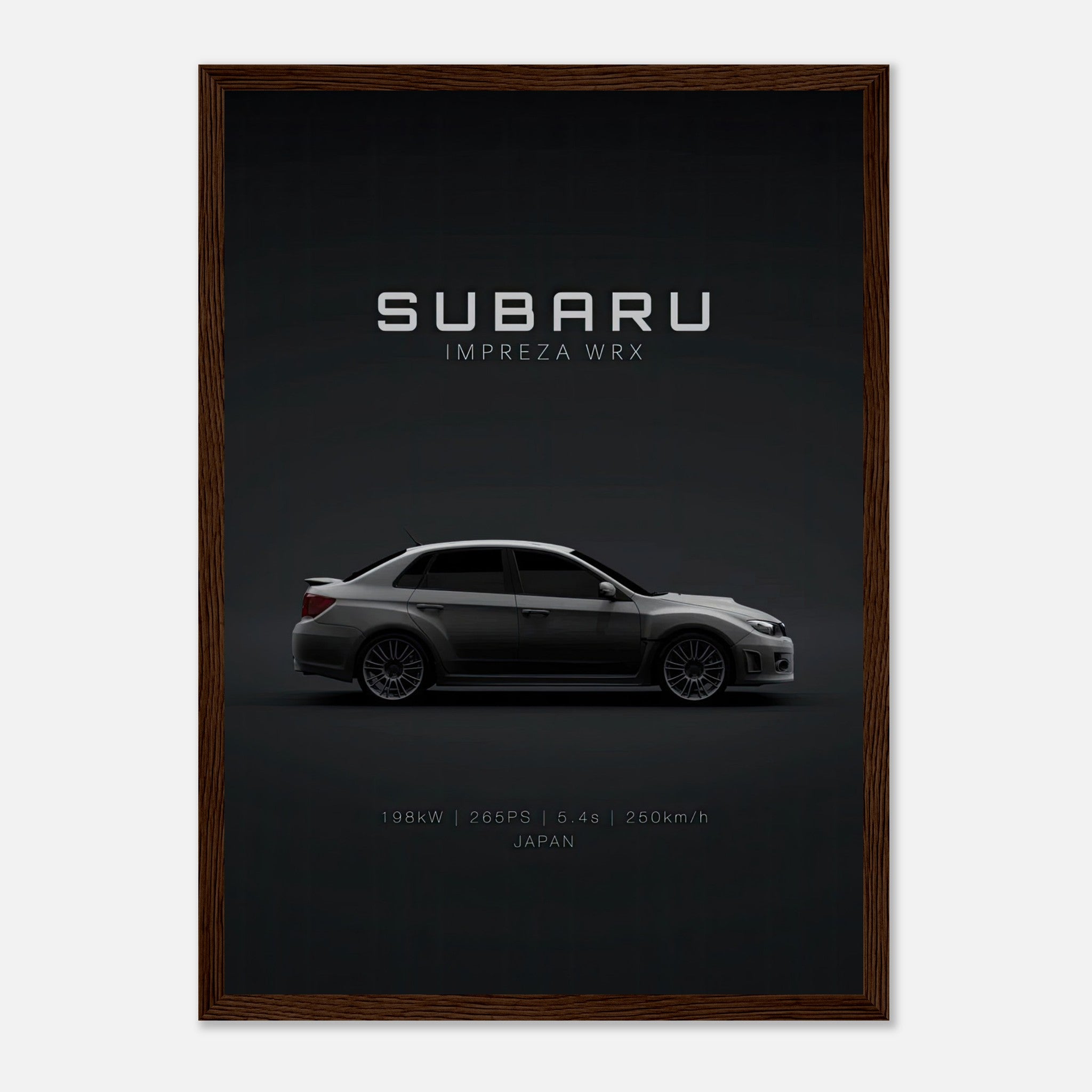 Framed poster of Subaru Impreza WRX showcasing sleek design and performance metrics on a dark background.