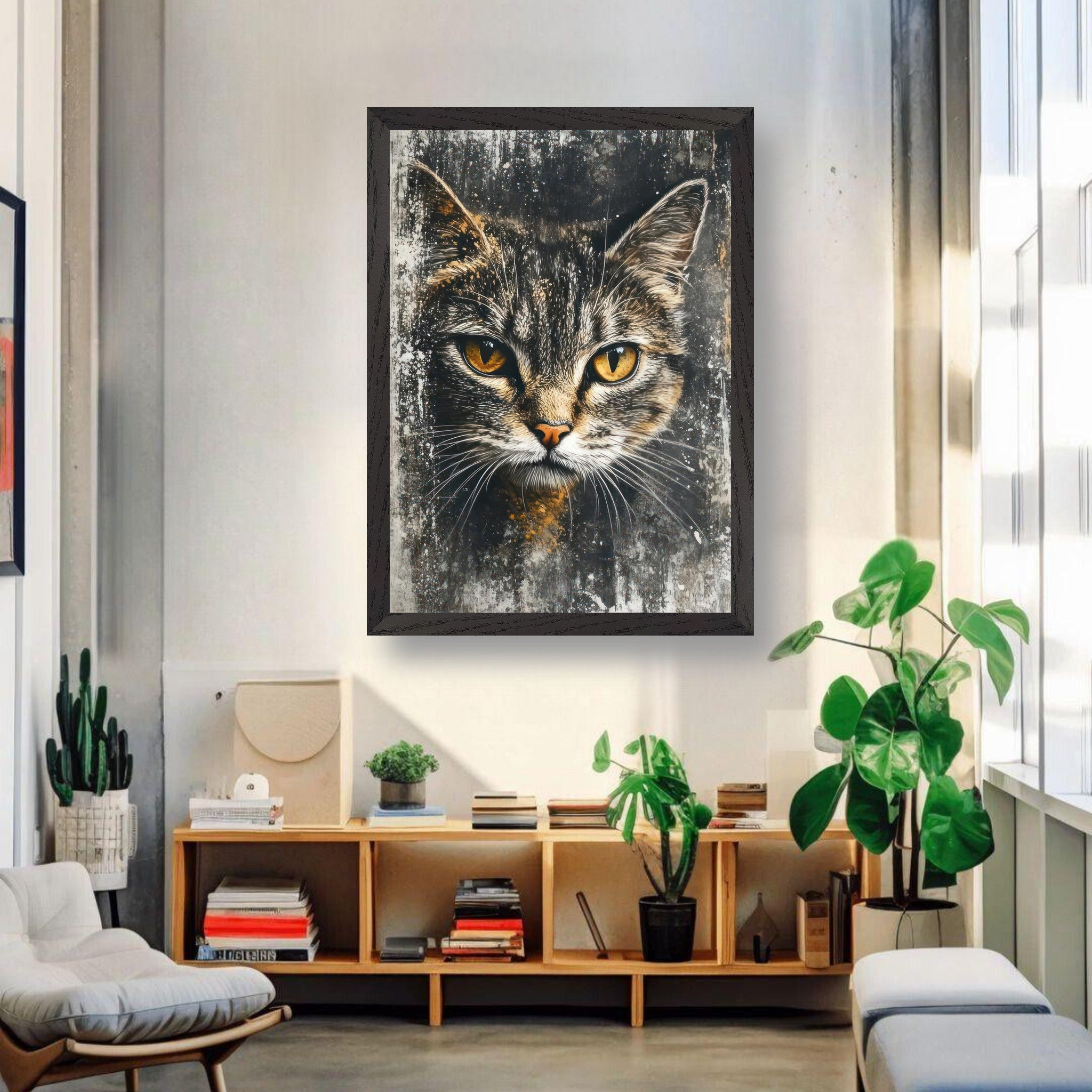 Vintage framed cat painting artwork featuring a striking feline portrait with golden eyes, enhancing home decor.