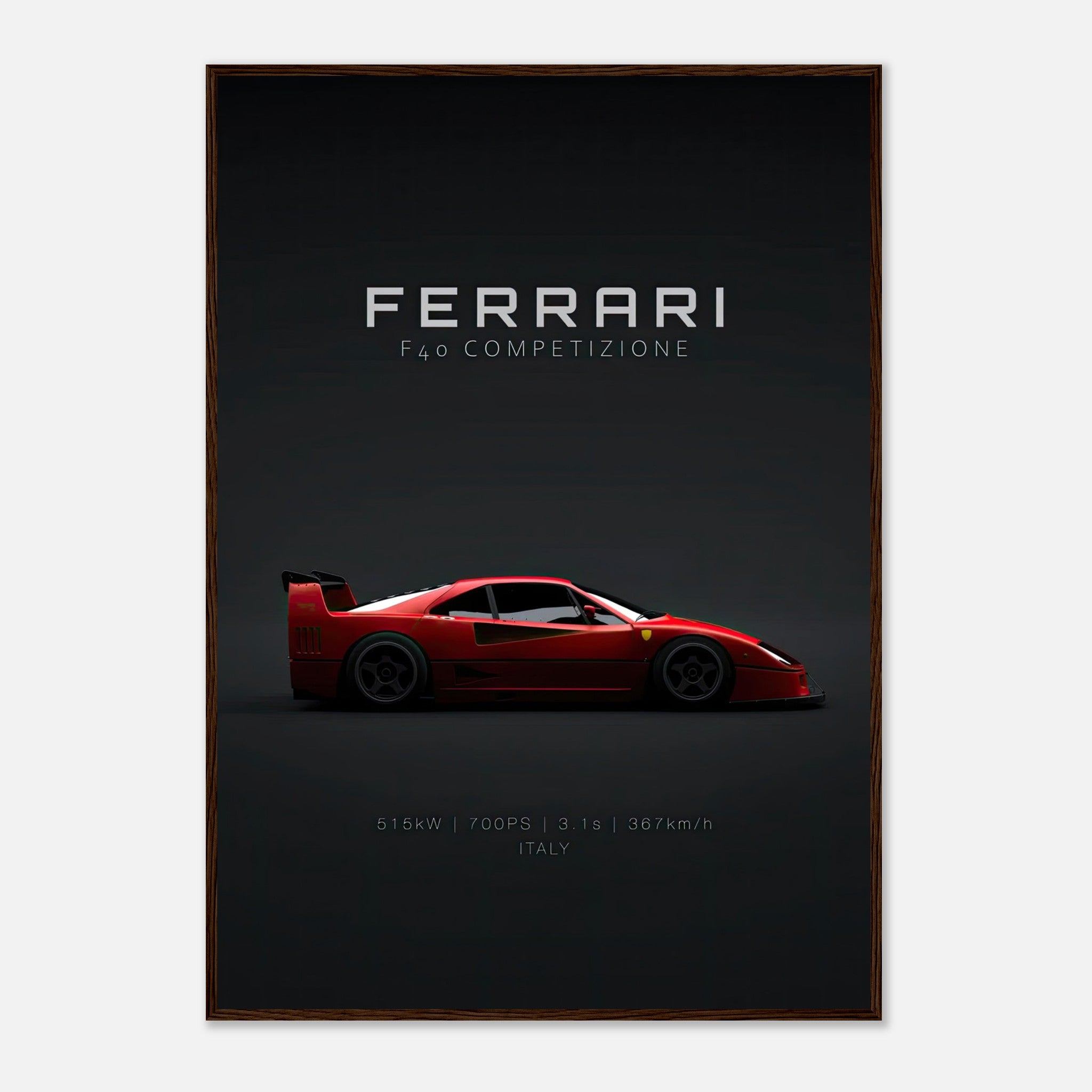 Ferrari F40 Competizione framed poster showcasing a sleek red supercar on a minimalist dark backdrop.