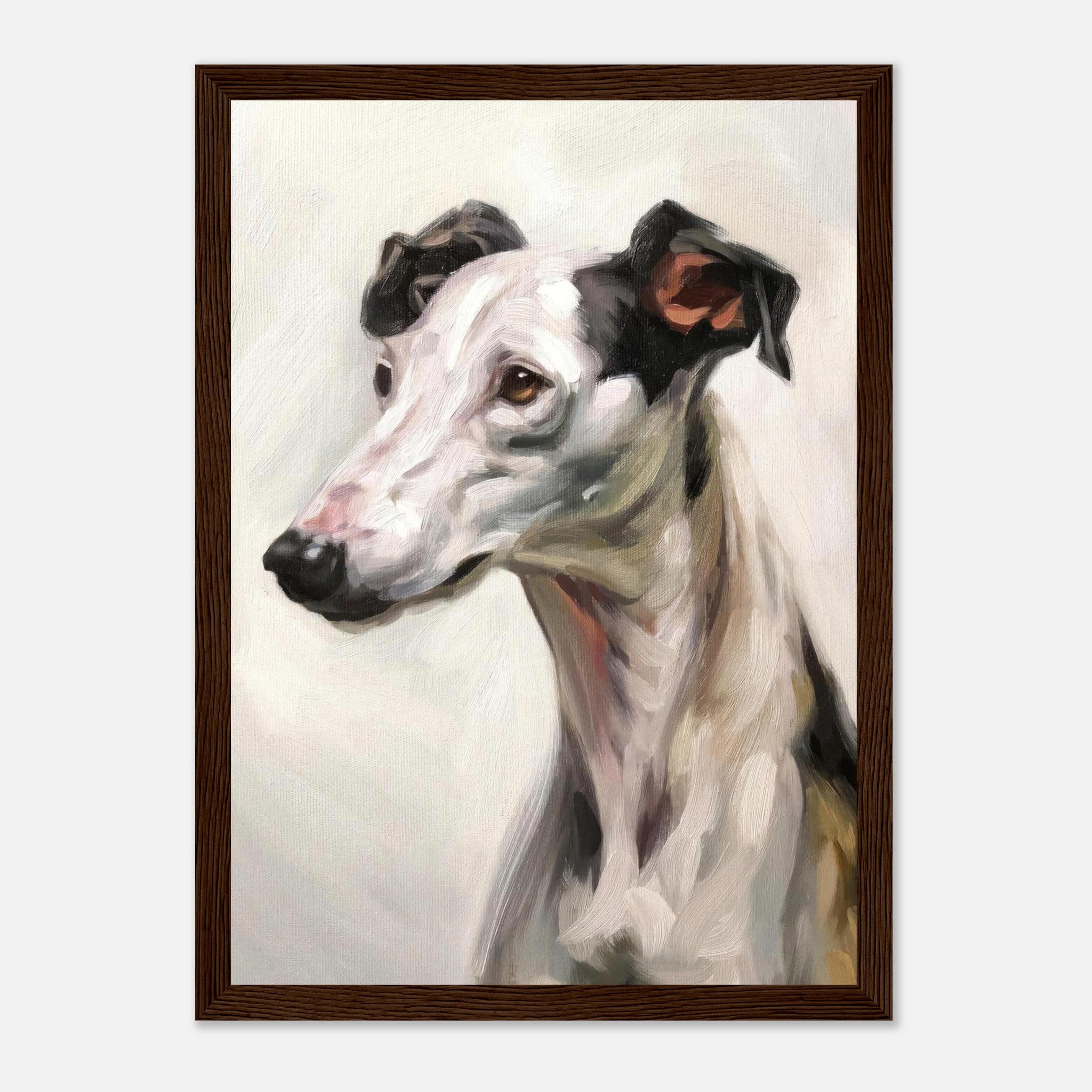 Greyhound dog painting framed print showcasing elegance and grace in a beautiful art piece.