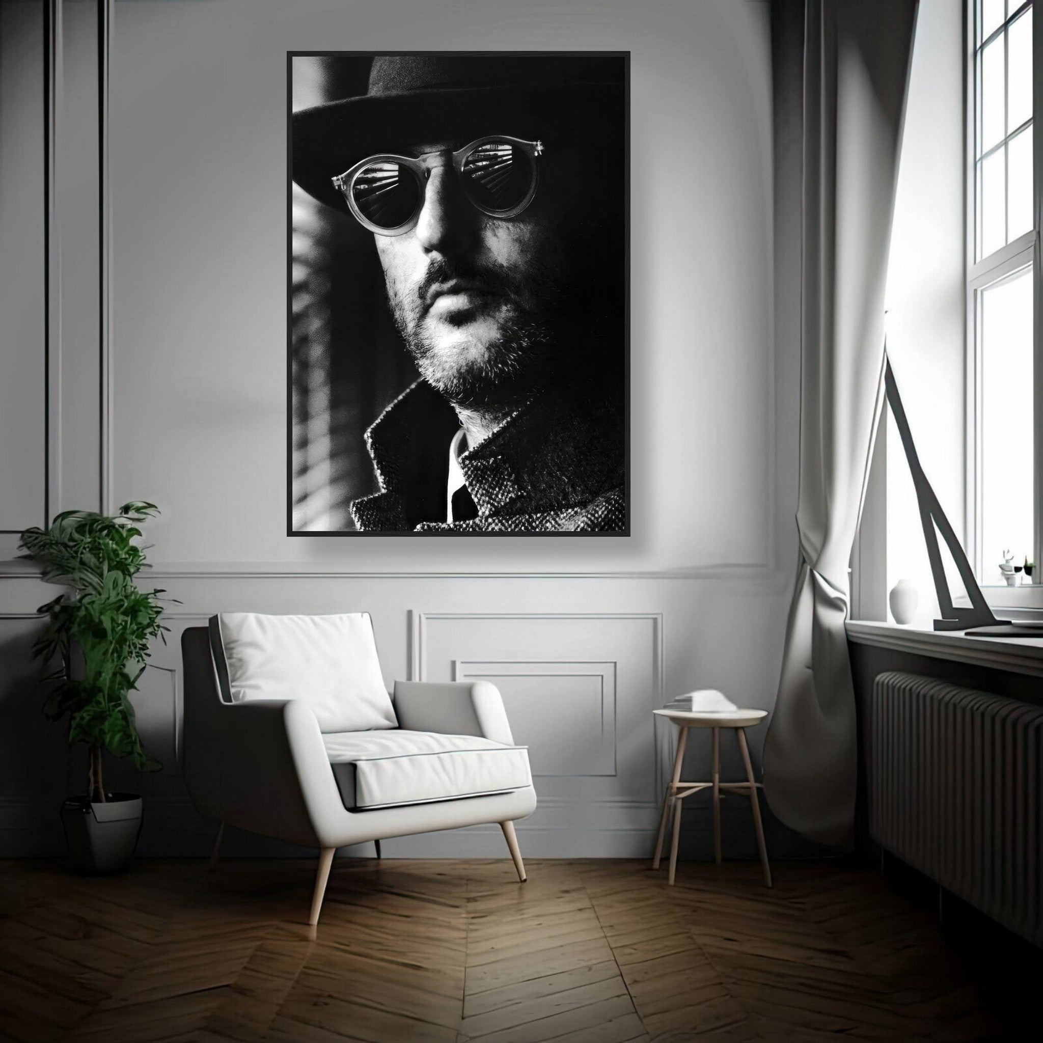 Framed black-and-white print of Jean Reno in a stylish setting, showcasing elegance and cinematic charm.