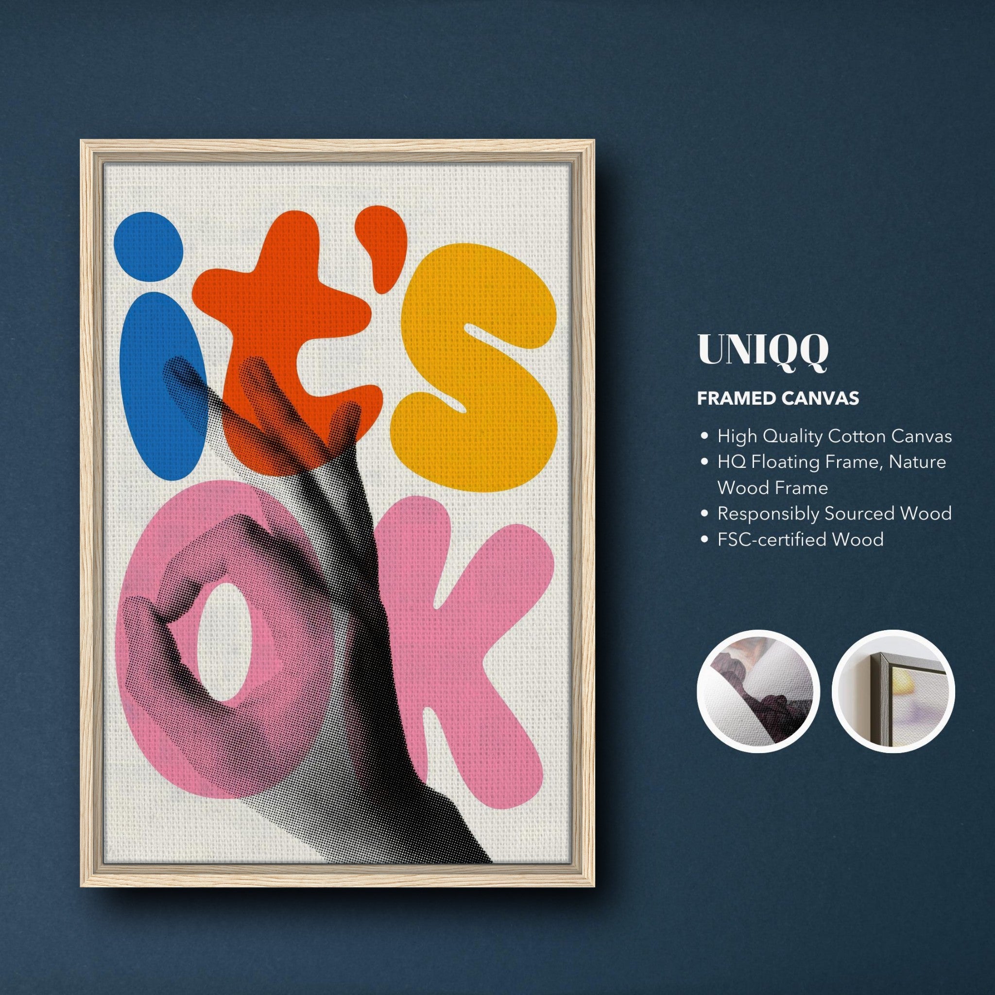 It's Ok Retro Abstract Pop Art Framed Canvas Print showcasing vibrant colors and a hand gesture, perfect for modern decor.