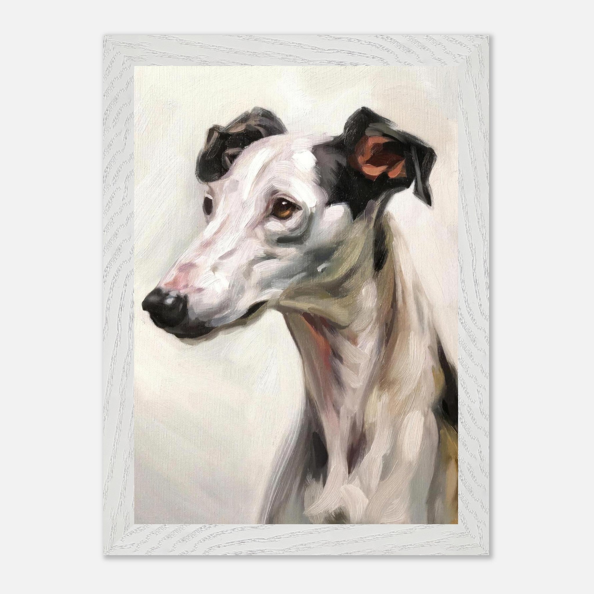 Greyhound dog painting in vintage frame showcasing detailed fur and expressive eyes, perfect for home decor.