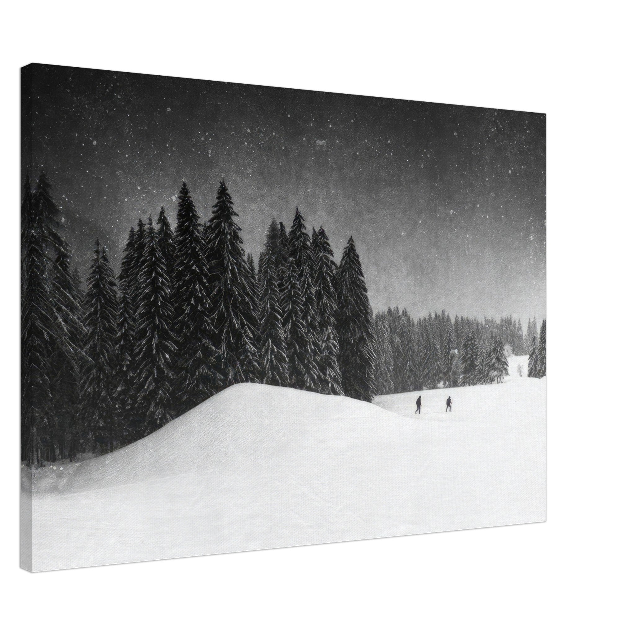 Winter Crossing canvas artwork featuring a snow-covered forest and distant figures in serene winter scenery.