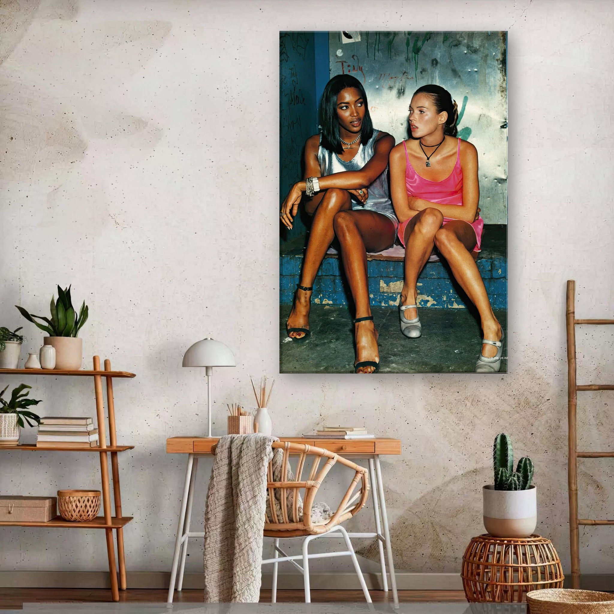 Naomi Campbell and Kate Moss canvas print showcasing iconic 90s fashion in a stylish living space.