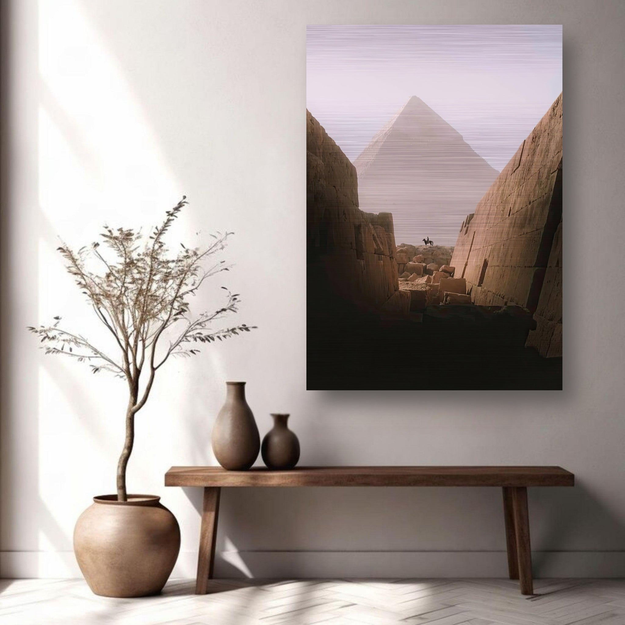 Brushed metal artwork of the Great Pyramid of Giza with a lone rider, enhancing ancient Egypt's majesty.