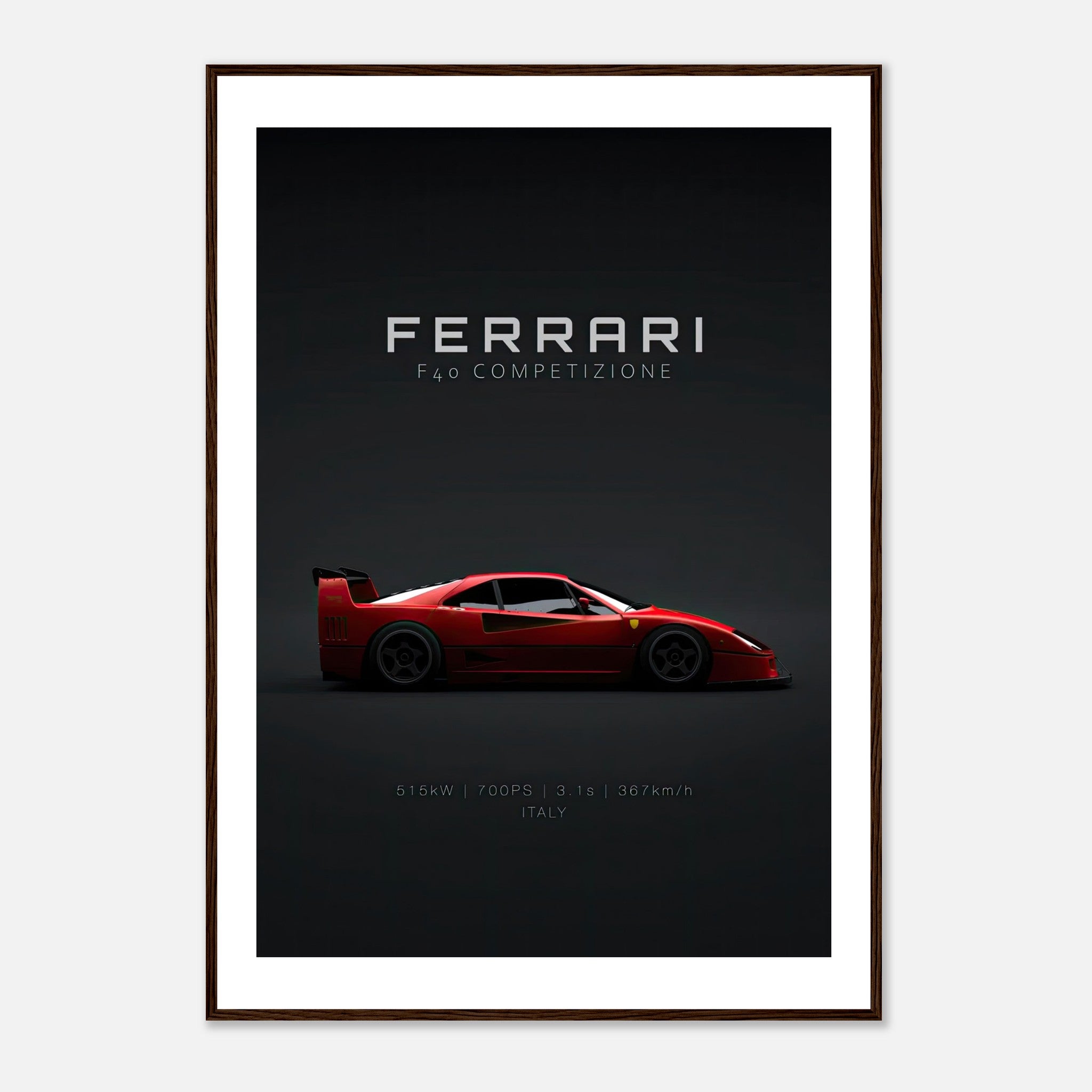 Framed poster of Ferrari F40 Competizione showcasing its sleek design and vibrant red color against a dark backdrop.