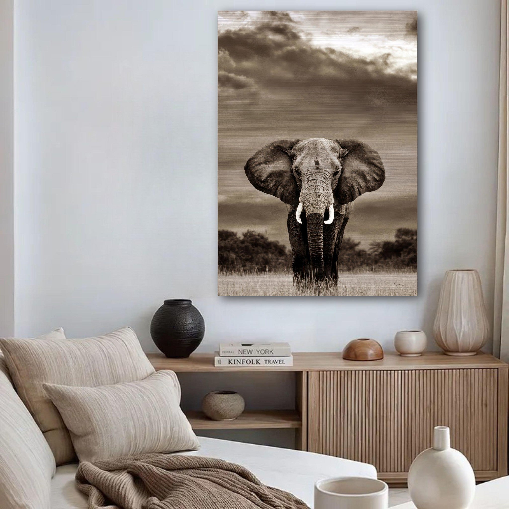 Stunning elephant portrait photography print on brushed metal, showcasing the majestic animal in a serene living room setting.