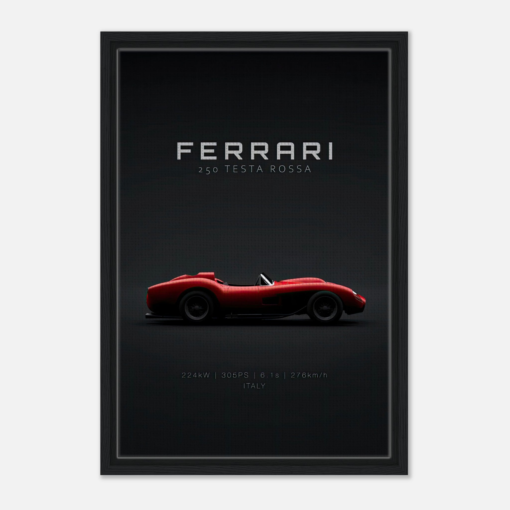 Ferrari 250 Testa Rossa framed canvas print showcasing iconic red race car on a minimalist black background.