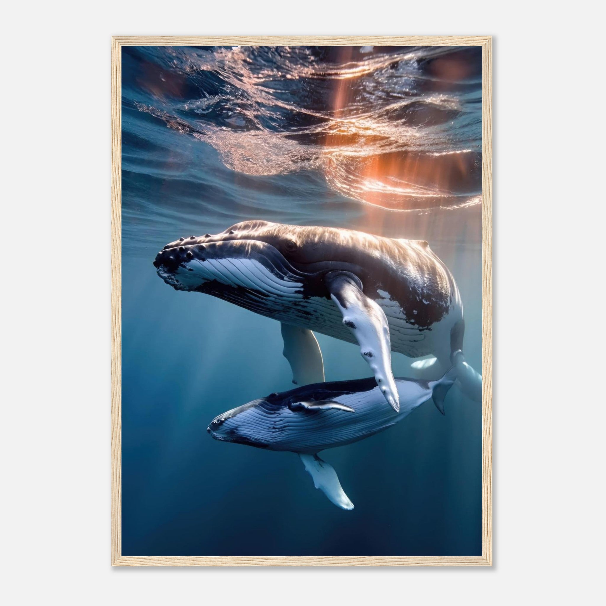 Framed print of a humpback whale and calf underwater, showcasing the ocean's beauty and marine life.