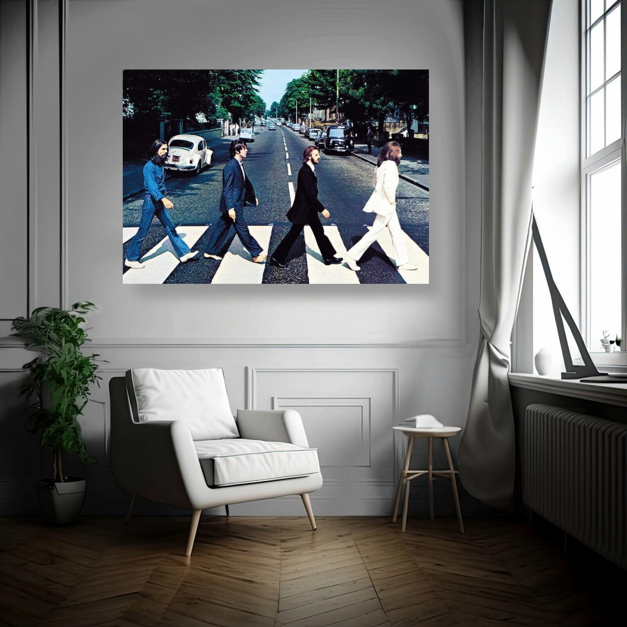 The Beatles Abbey Road metal print artwork featuring iconic crossing scene, perfect for music lovers' home decor.