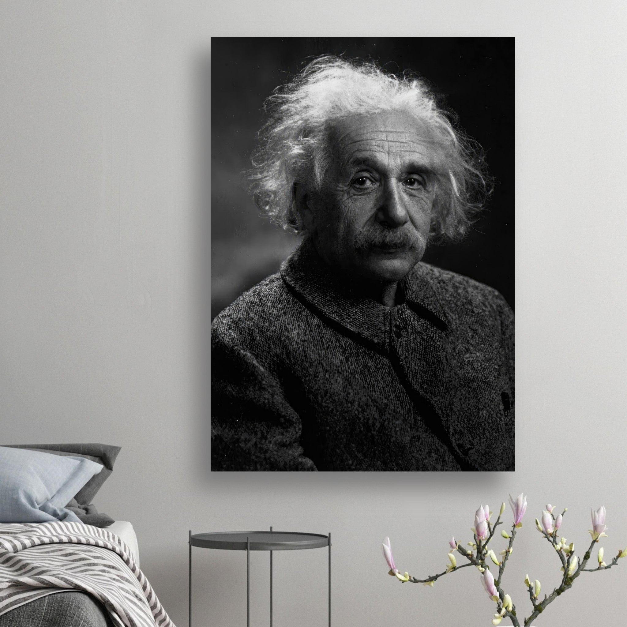 Albert Einstein portrait poster in black-and-white, showcasing his intellectual brilliance and timeless essence.