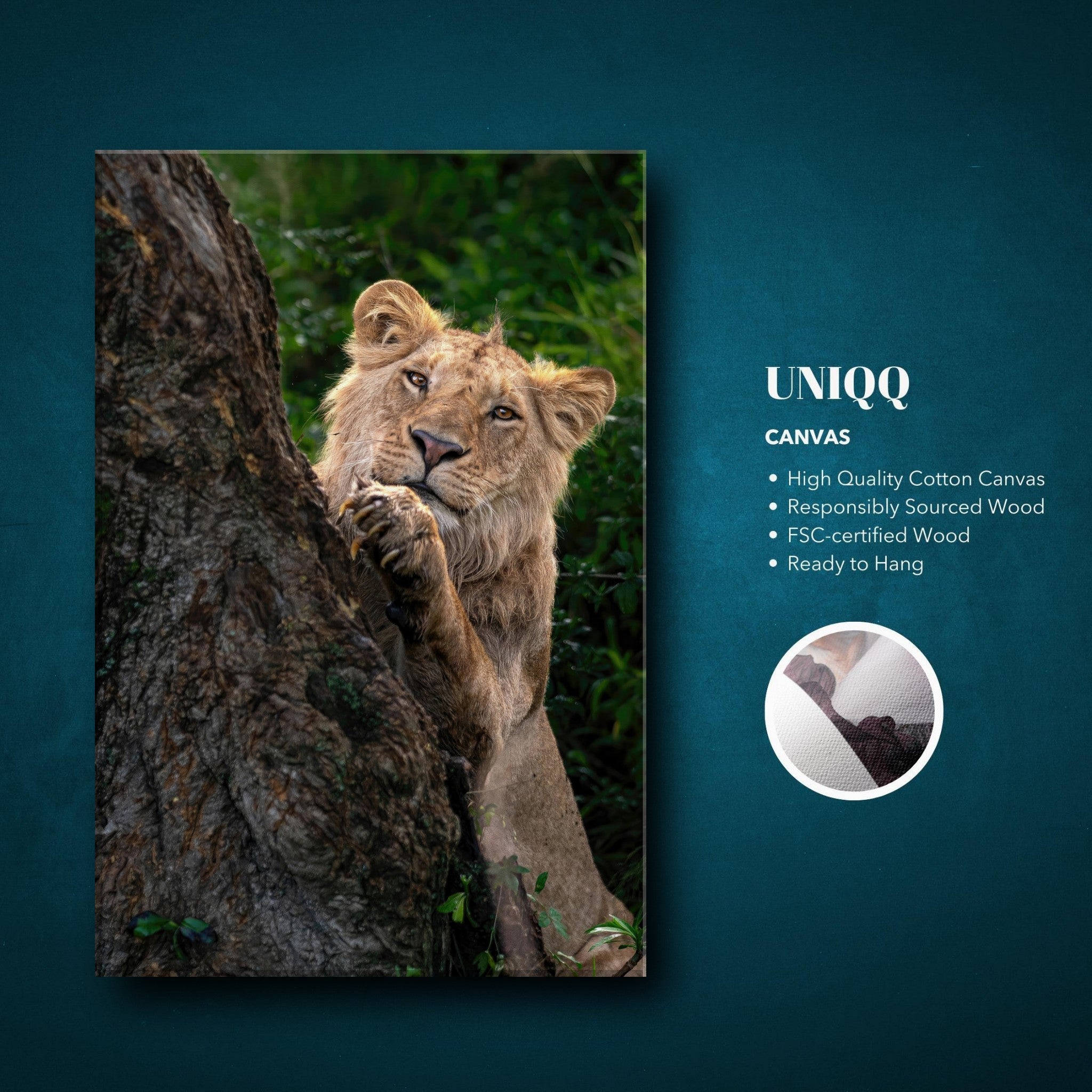 Playful lion canvas art featuring a young lion peeking from behind a tree with vibrant green background.