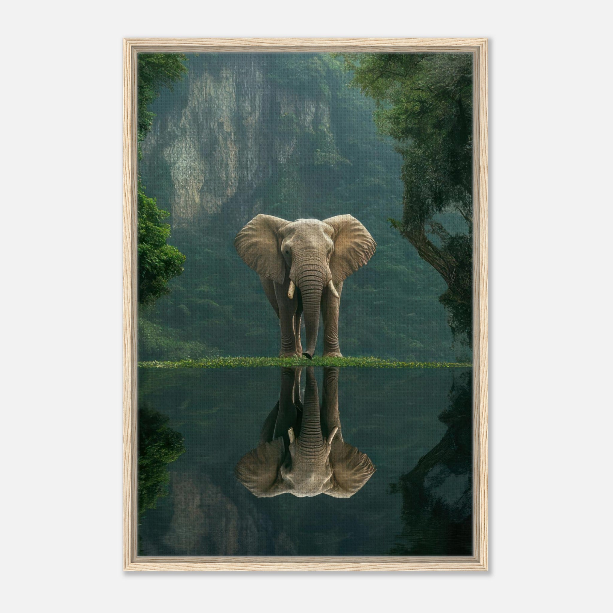 Jungle Elephant Portrait Framed Canvas Print reflecting in water, surrounded by lush greenery and cliffs.