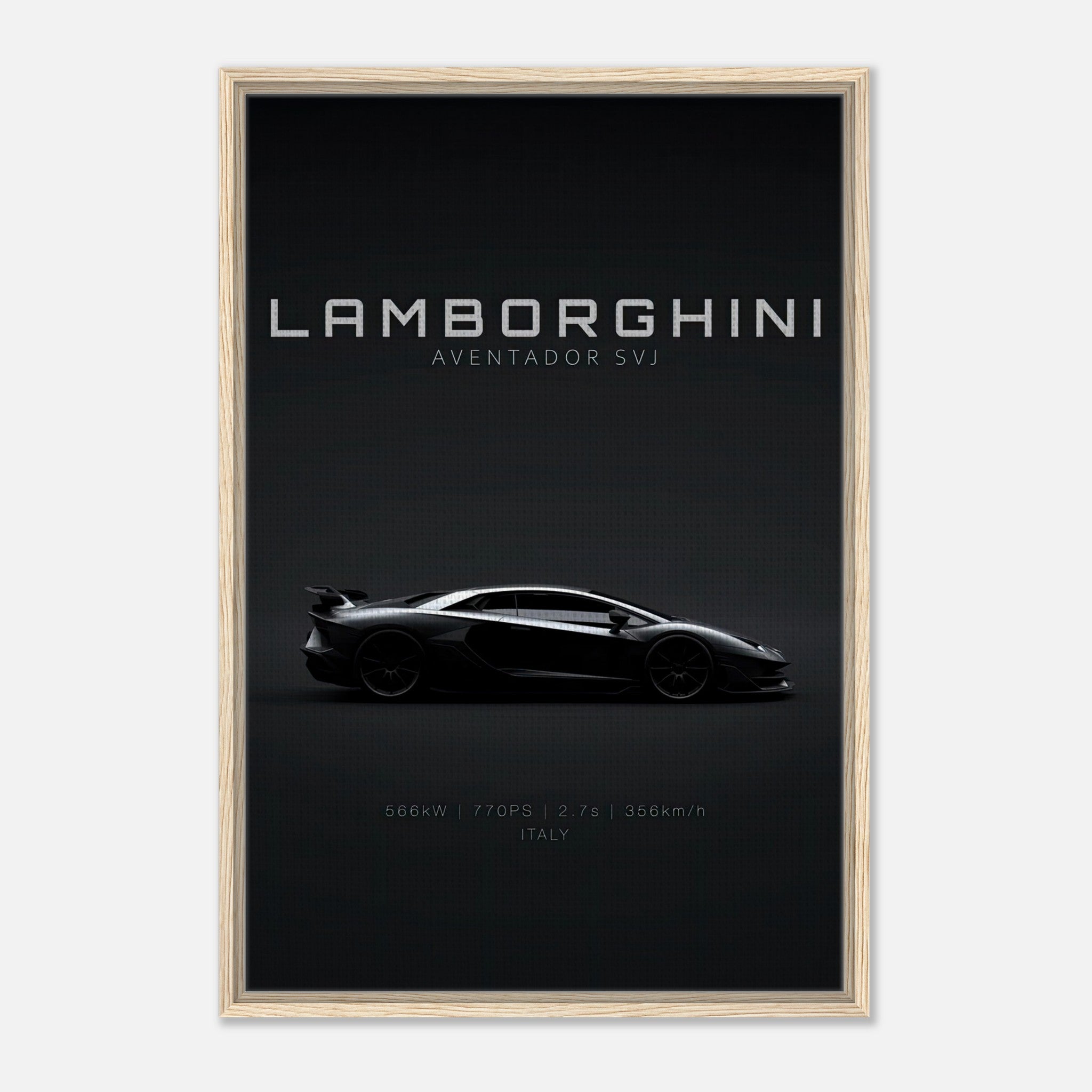 Lamborghini Aventador SVJ framed canvas artwork showcasing its sleek design on a black backdrop.
