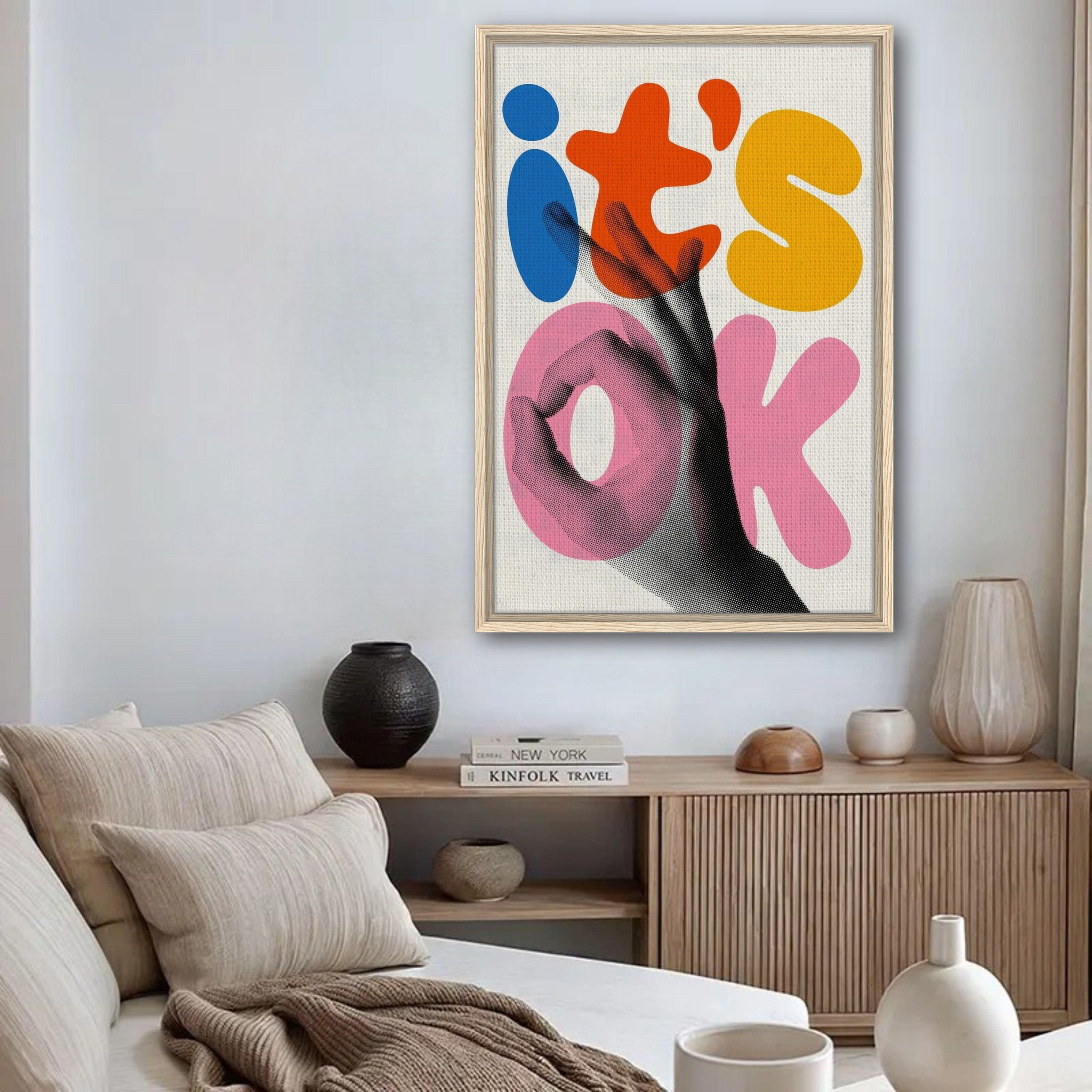 Framed canvas print featuring retro pop art with hand gesture and vibrant colors, enhancing modern home decor.